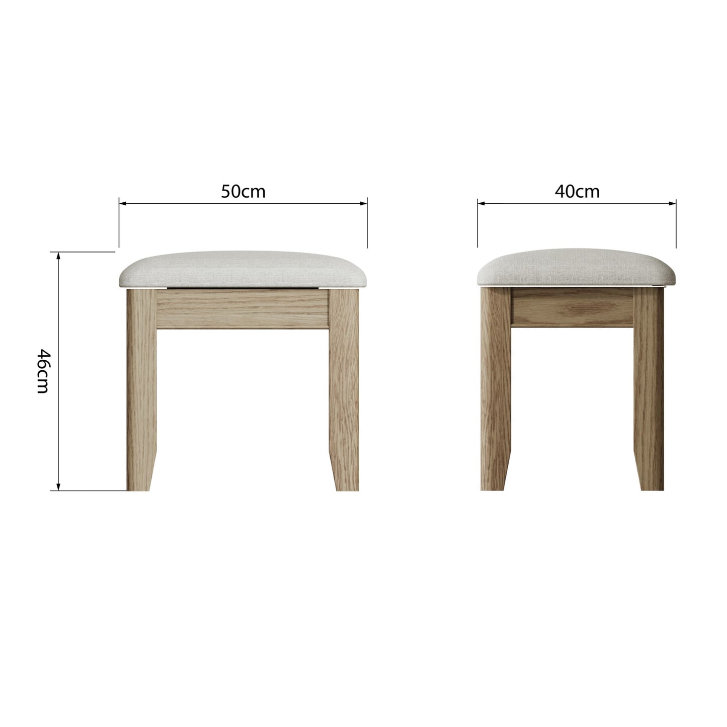 Dressing stool with padded seat is shown from two sides with dimension details