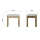 Dressing stool with padded seat is shown from two sides with dimension details