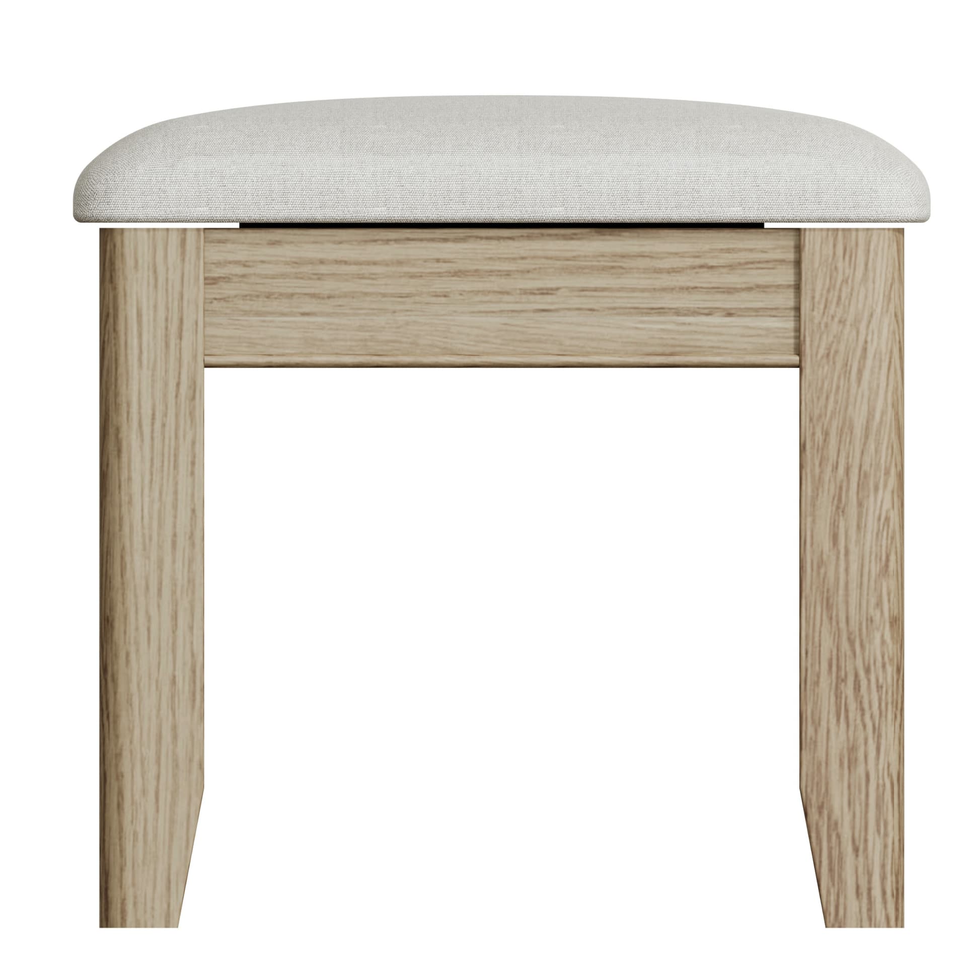 Front view on the oak vanity stool with padded seat