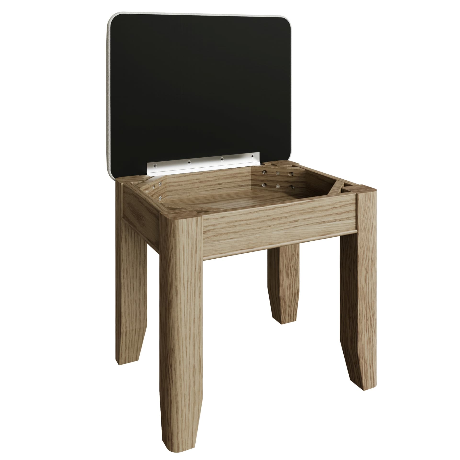 Dressing stool with hidden storage compartment under the seat is shown with open storage