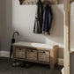 Oak hallway bench with storage is shown in a life setting together with bench top