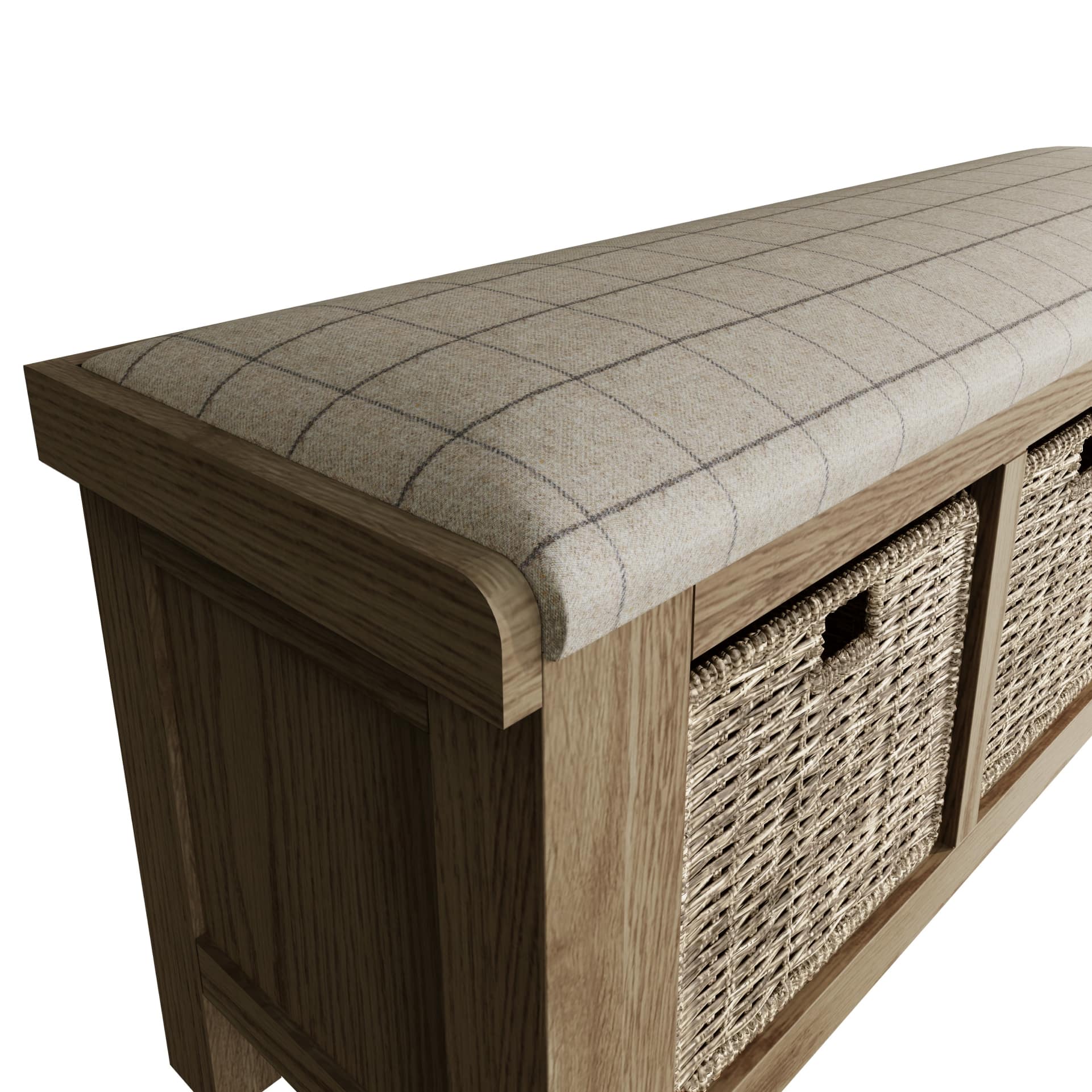 Close look on cushioned seat, finishes and wicker baskets of the hallway bench