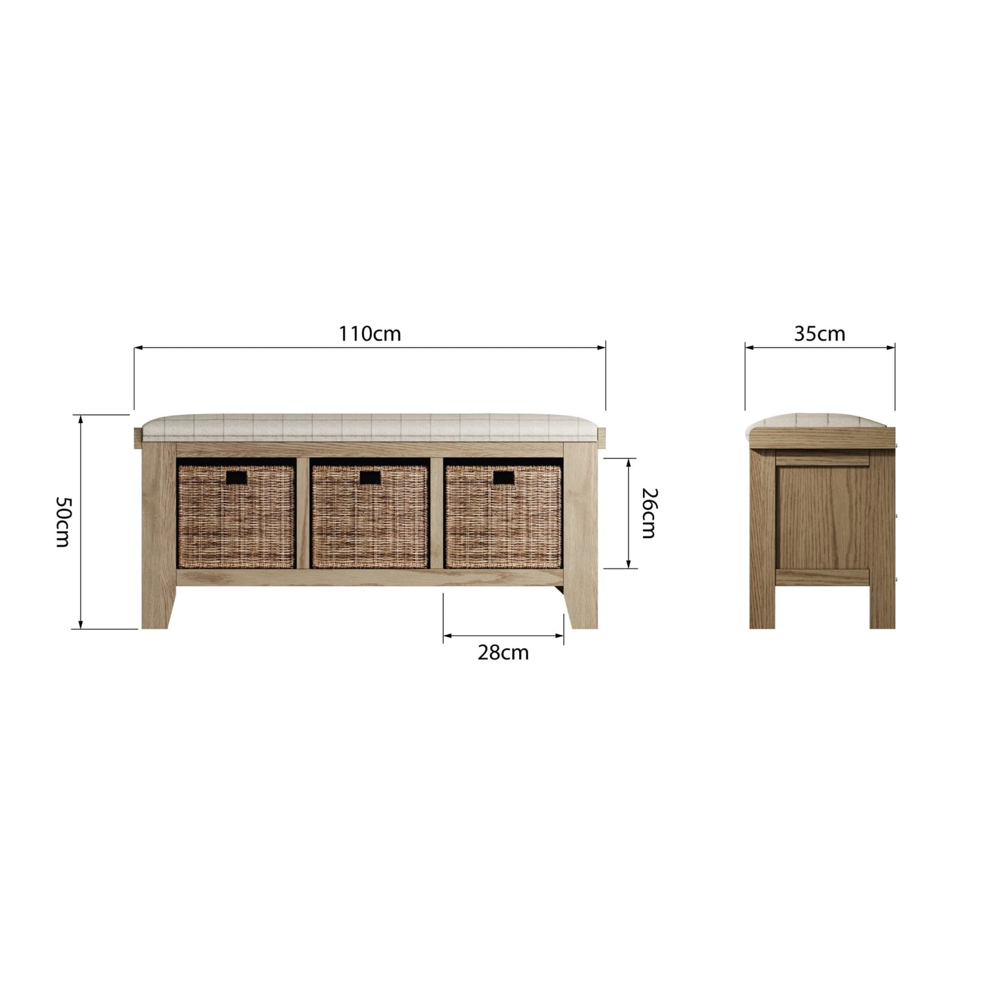 Hallway bench with basket storage and cushioned seat is shown from two sides with dimension details