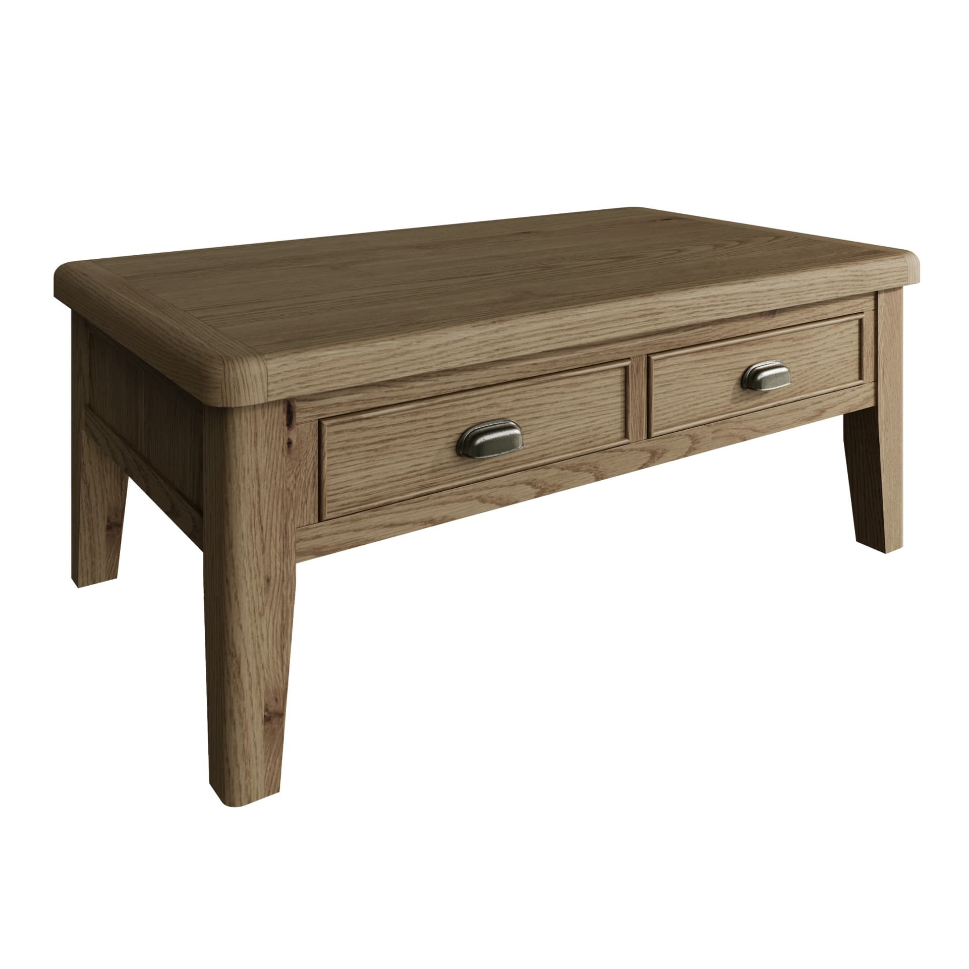 Large oak coffee table with 4 drawers is shown separately without distractions