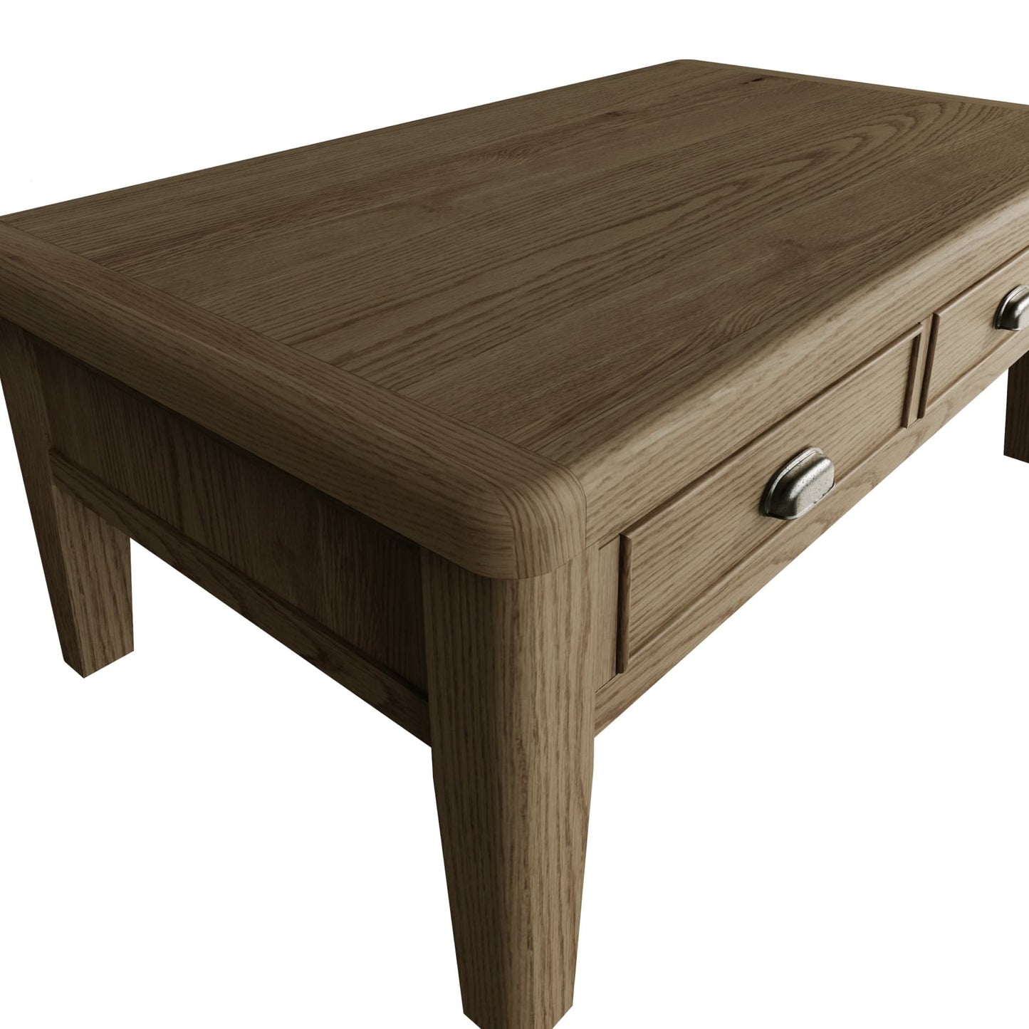 Close view on the top, rounded corners and edges and drawers of the large oak coffee table