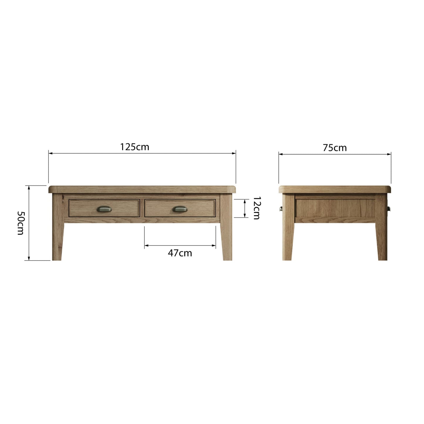 Large oak coffee table with 4 drawers is shown from two sides with dimension details