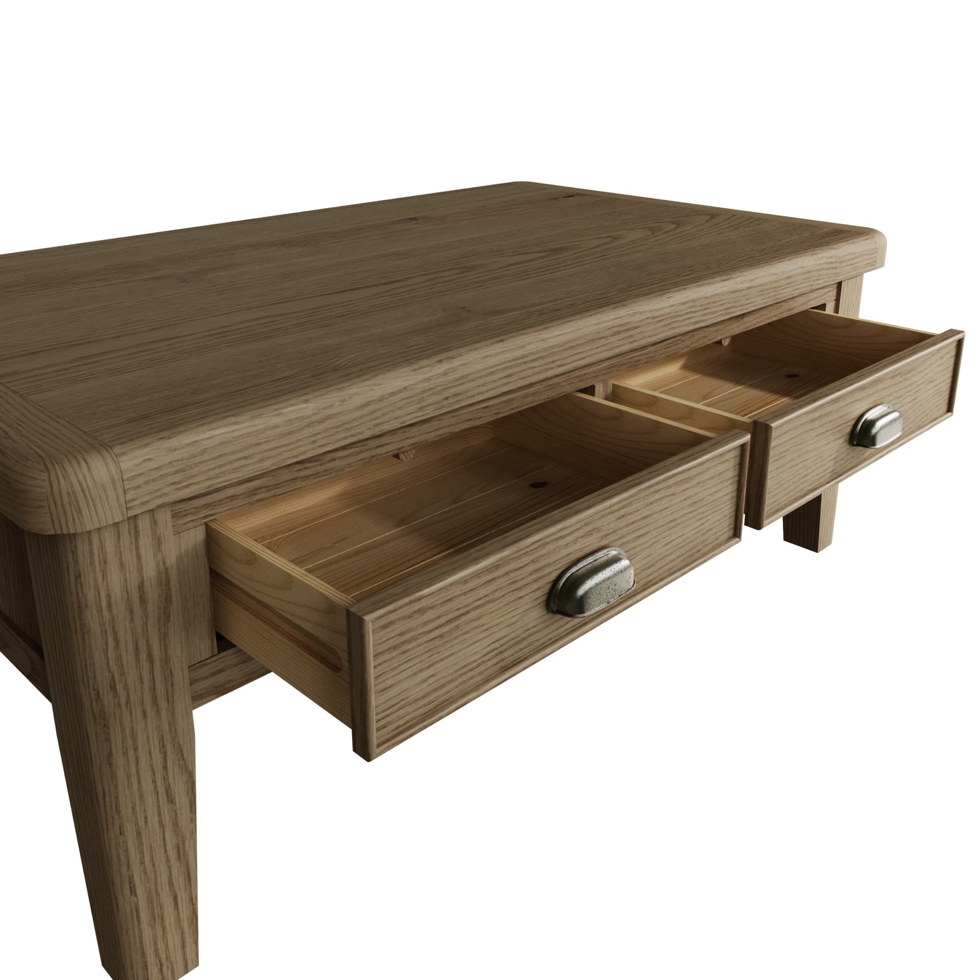 Close view on open dovetailed drawers of the coffee table, the storage available, the sliding mechanism and the cup handles