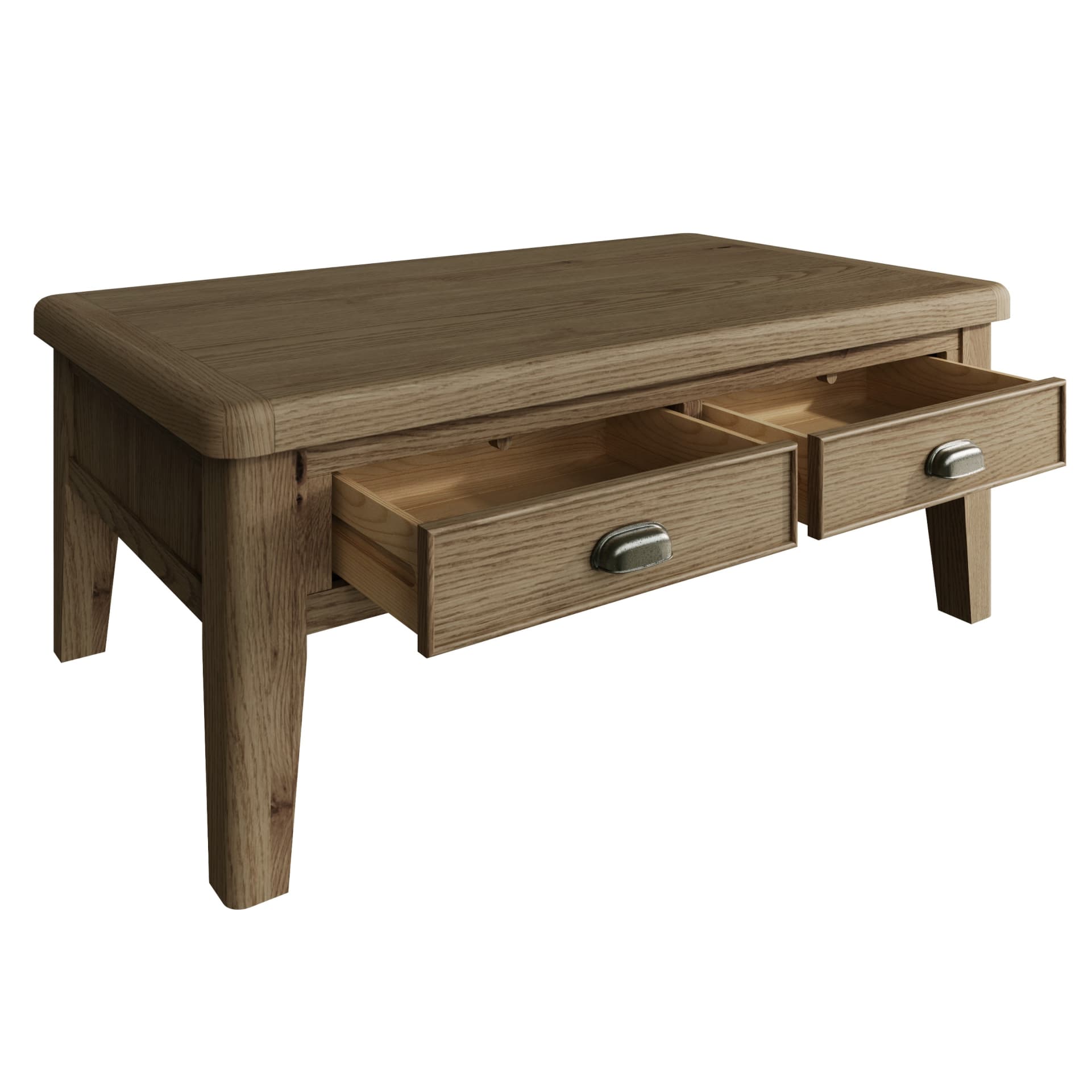 Oak coffee table with 4 drawers is shown at an angle revealing the 2 open drawers on one side and storage space inside them