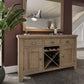 Large oak sideboard with 3 drawers, 2 cupboards and a wine rack shown in a room setting with decor on top