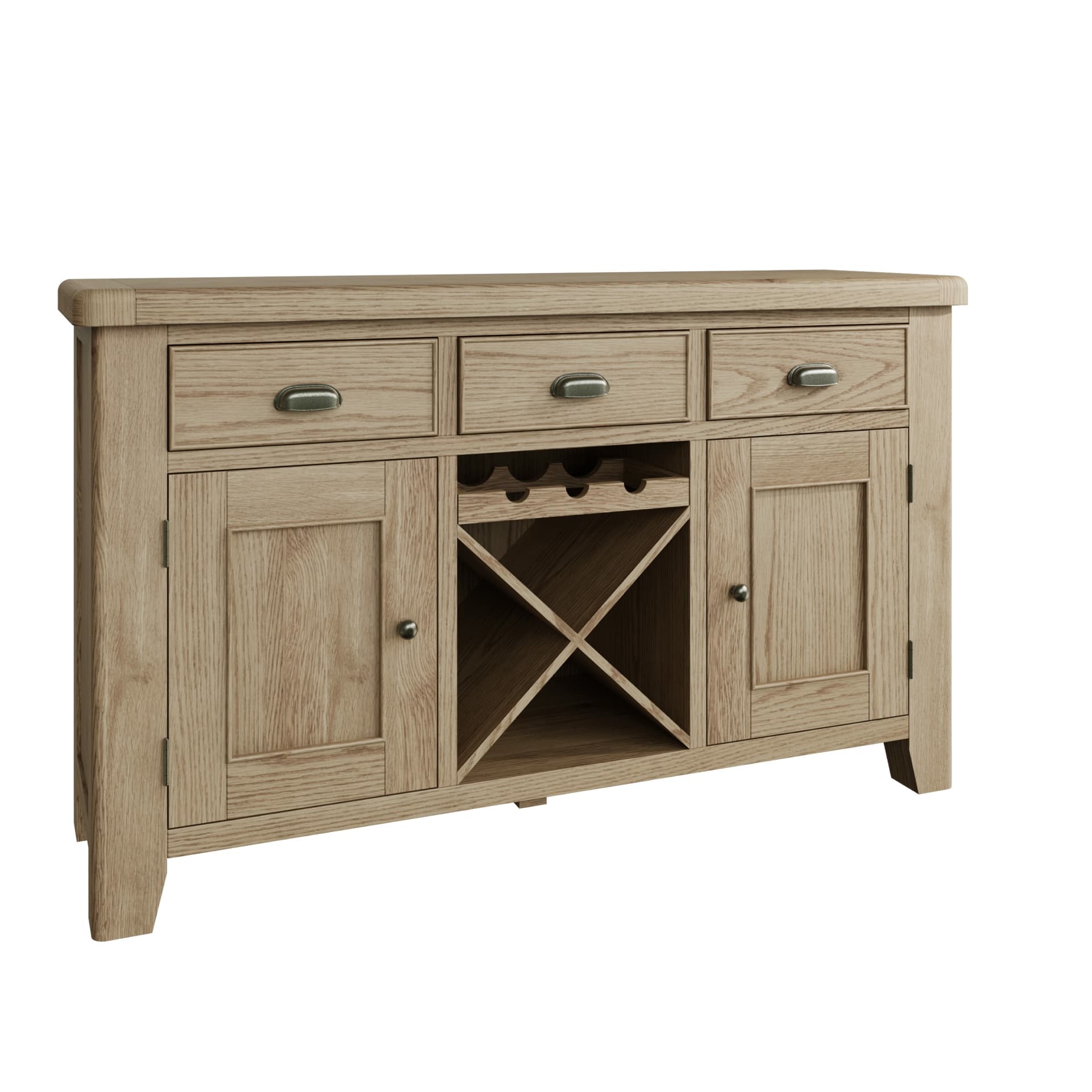 Large oak sideboard with 3 drawers, 2 cupboards and a wine rack shown close without distraction