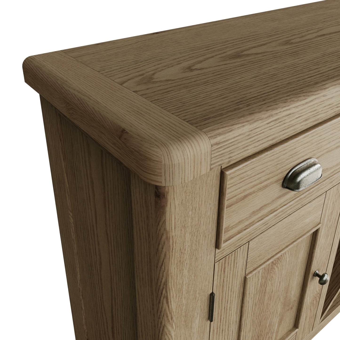 Close view on a large oak sideboard top, rounded corners and edges, and drawer handle with antique effect