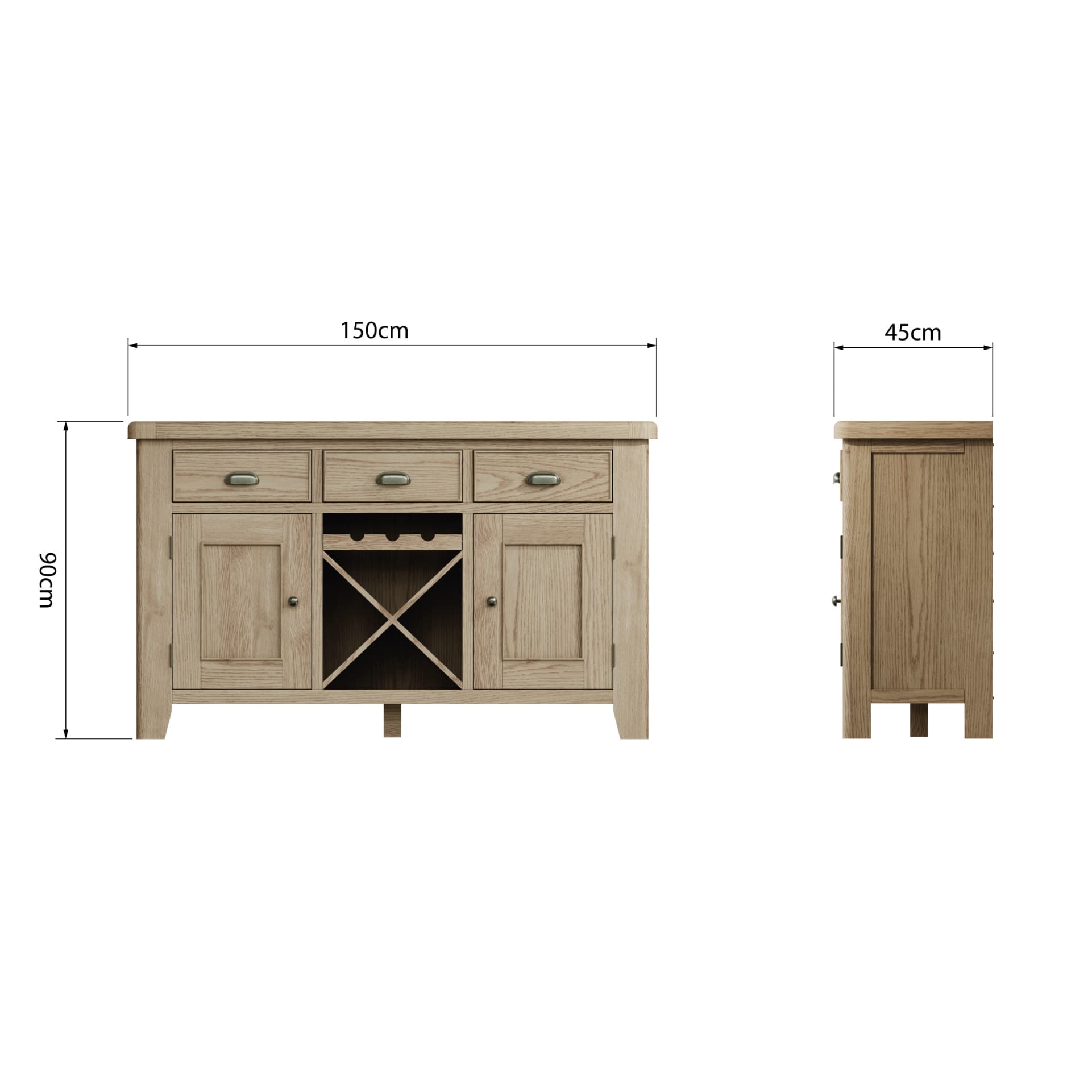 Large oak sideboard with 3 drawers, 2 cupboards and a wine rack shown from two sides with dimension details