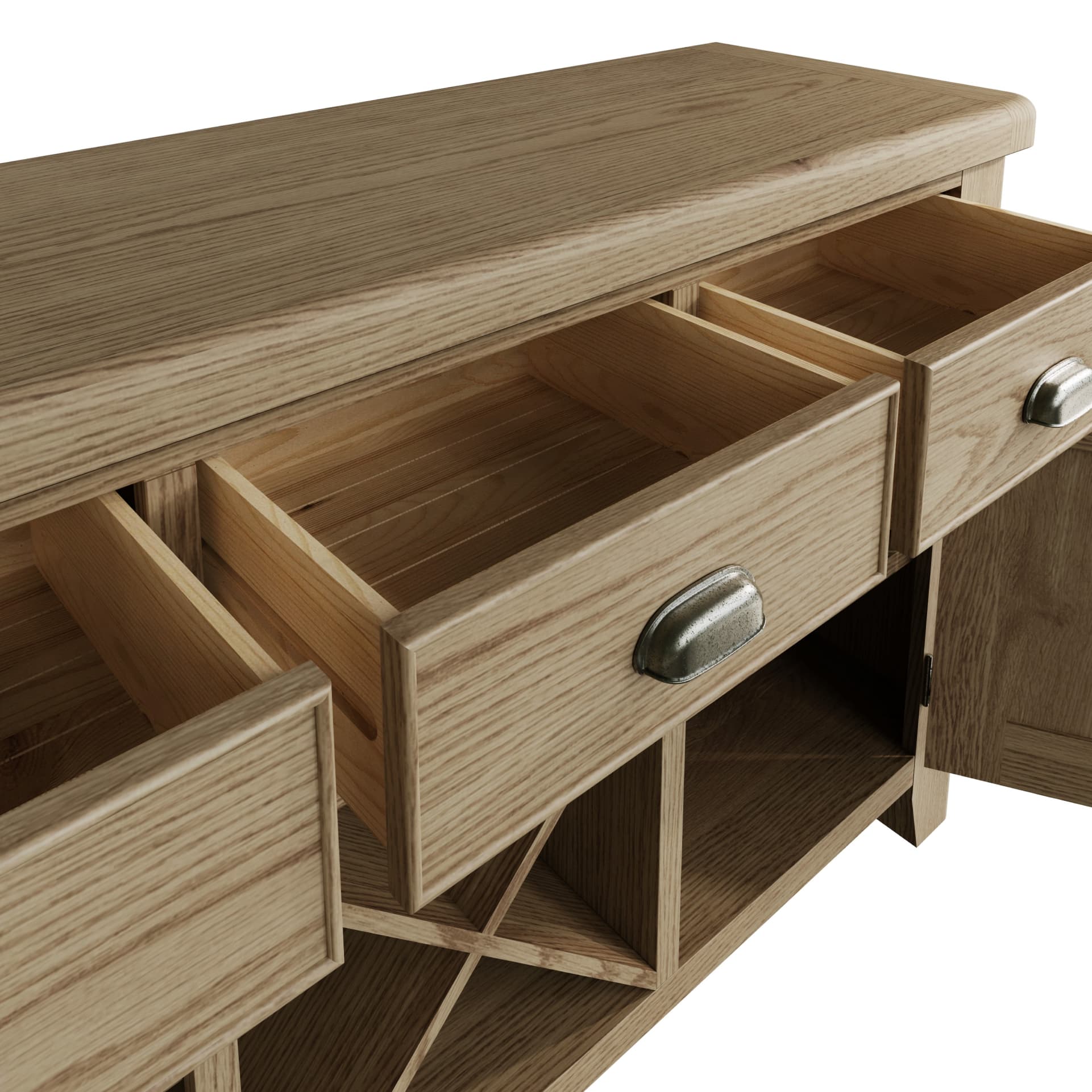 3 drawers 2 door sideboard is shown with open drawers revealing the space available for storage inside and the sliding mechanism