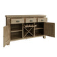 Large oak sideboard with wine rack shown with open cupboards revealing the two shelves in each cupboard