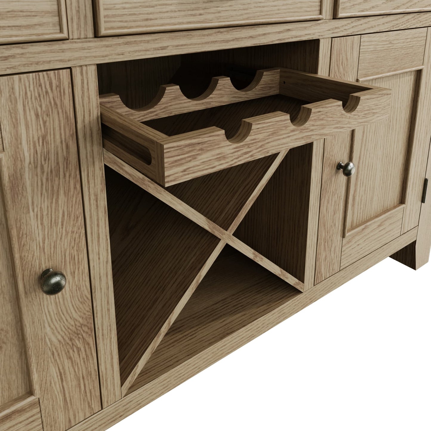 Close view on cross wine rack with pull out part and cupboard doors of a large sideboard