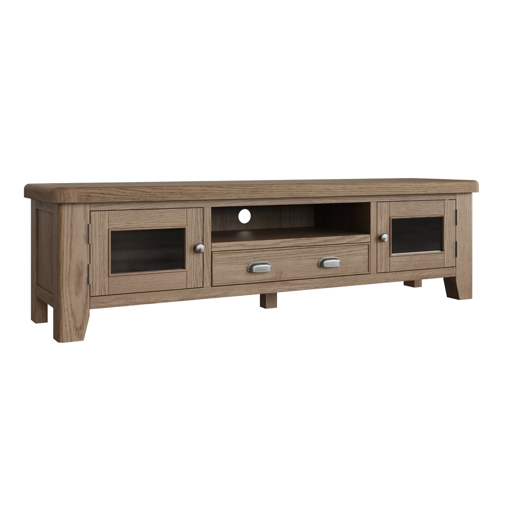 Large oak TV unit with a shelf, a drawer and 2 cupboards shown standalone without distractions.