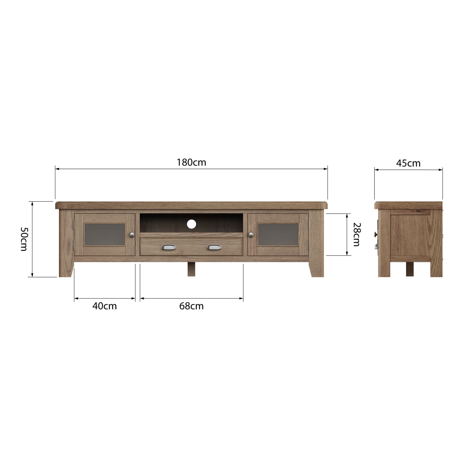 Oak TV stand with a shelf, a drawer and 2 cupboards is shown from 2 sides with dimension details