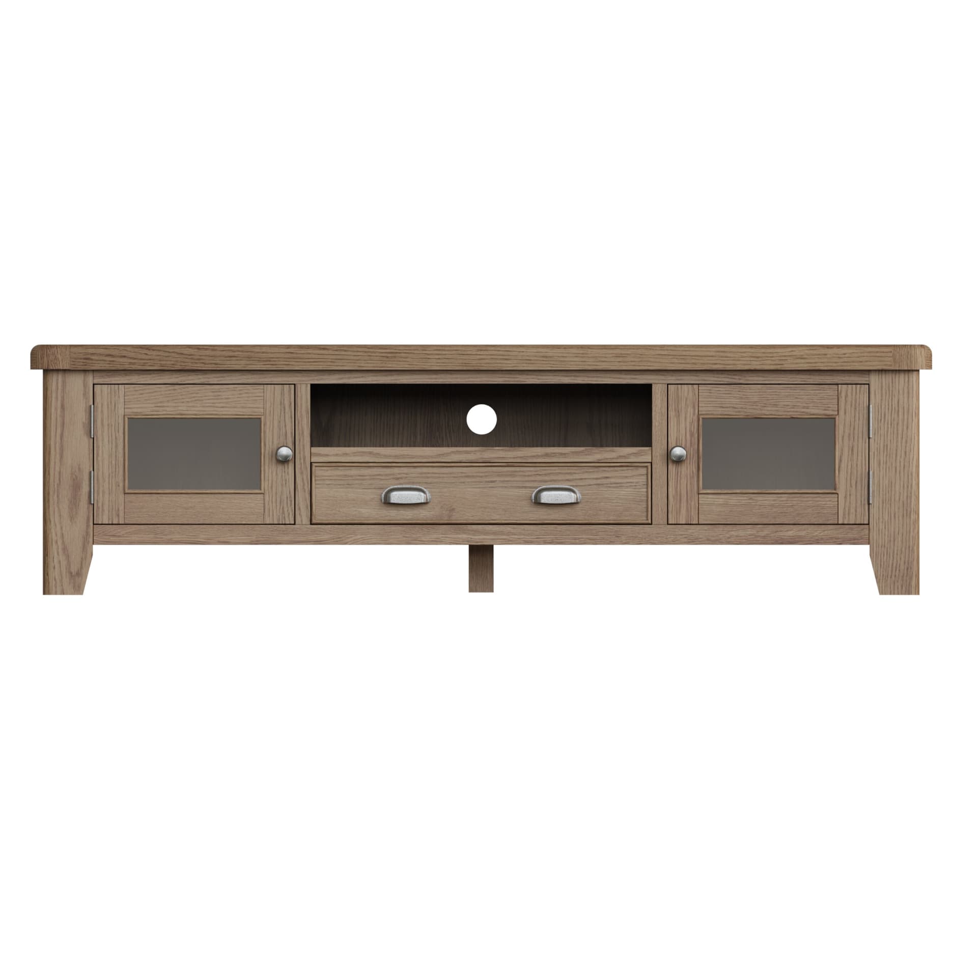 Large oak tv stand is shown from the front showcasing its large drawer and cupboard storage