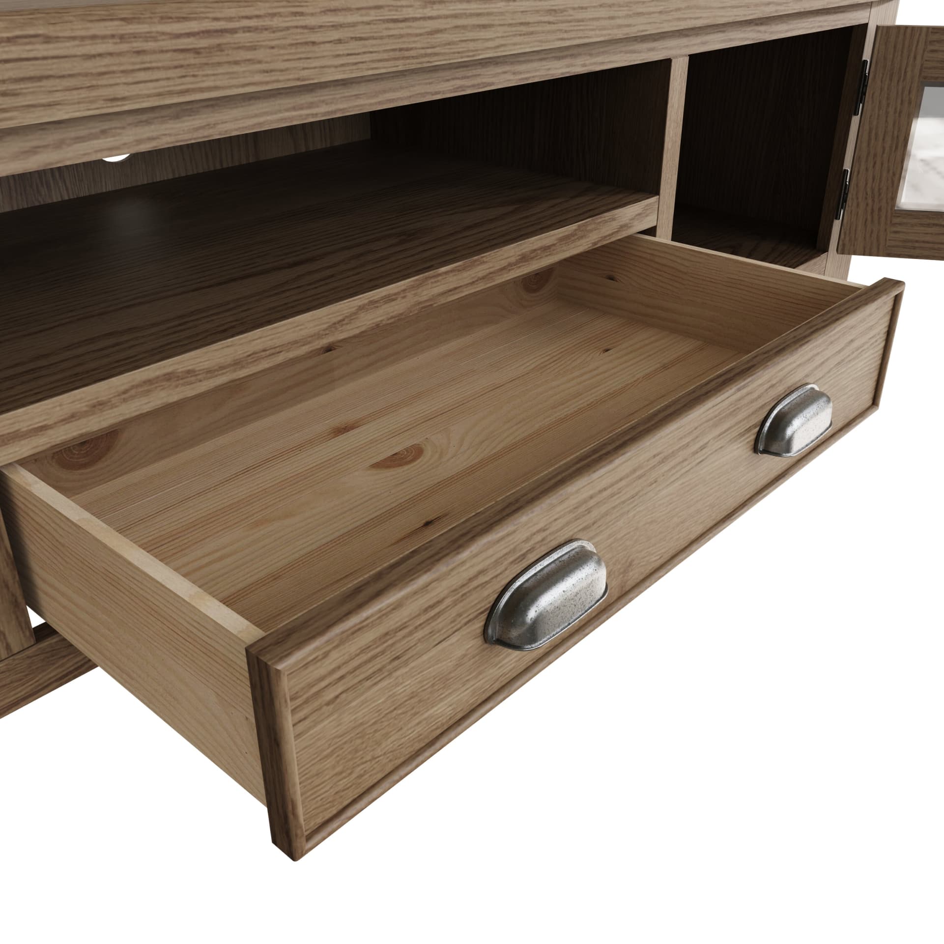 Close look on open drawer and handles as well as media shelf of the large oak tv unit