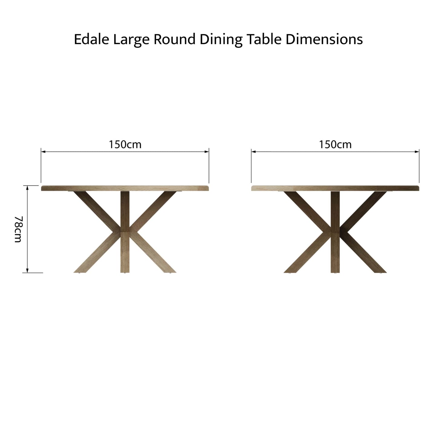 Large oak round dining table product view from both sides and with dimensions