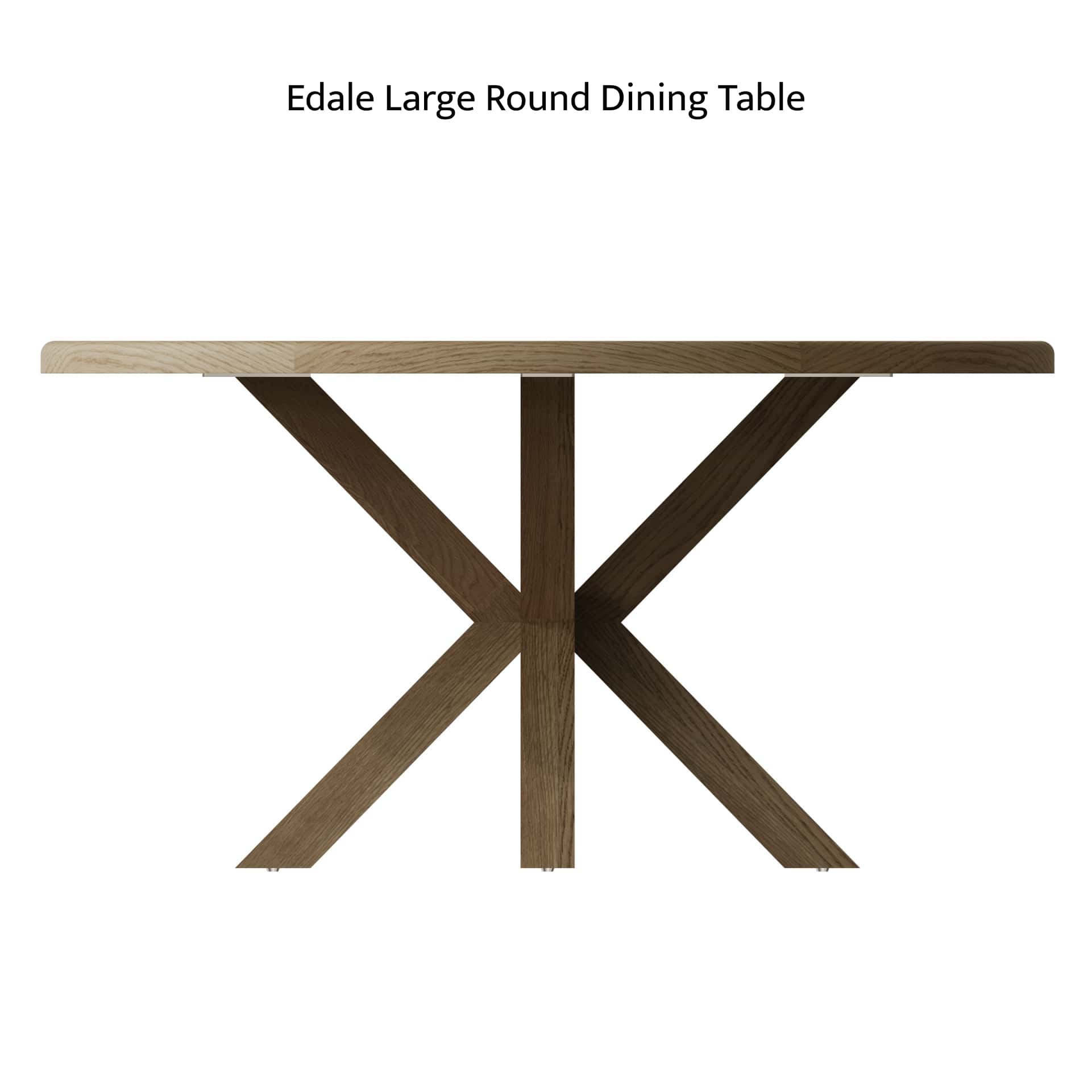 Side view on large oak round dining table with spider legs. Leg structure is clearly visible on a side shot