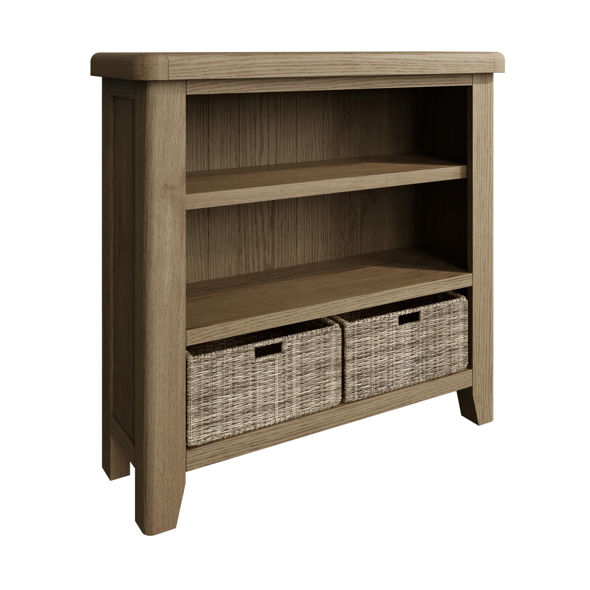 Low and wide oak bookcase with 2 wicker baskets is shown separately without distractions