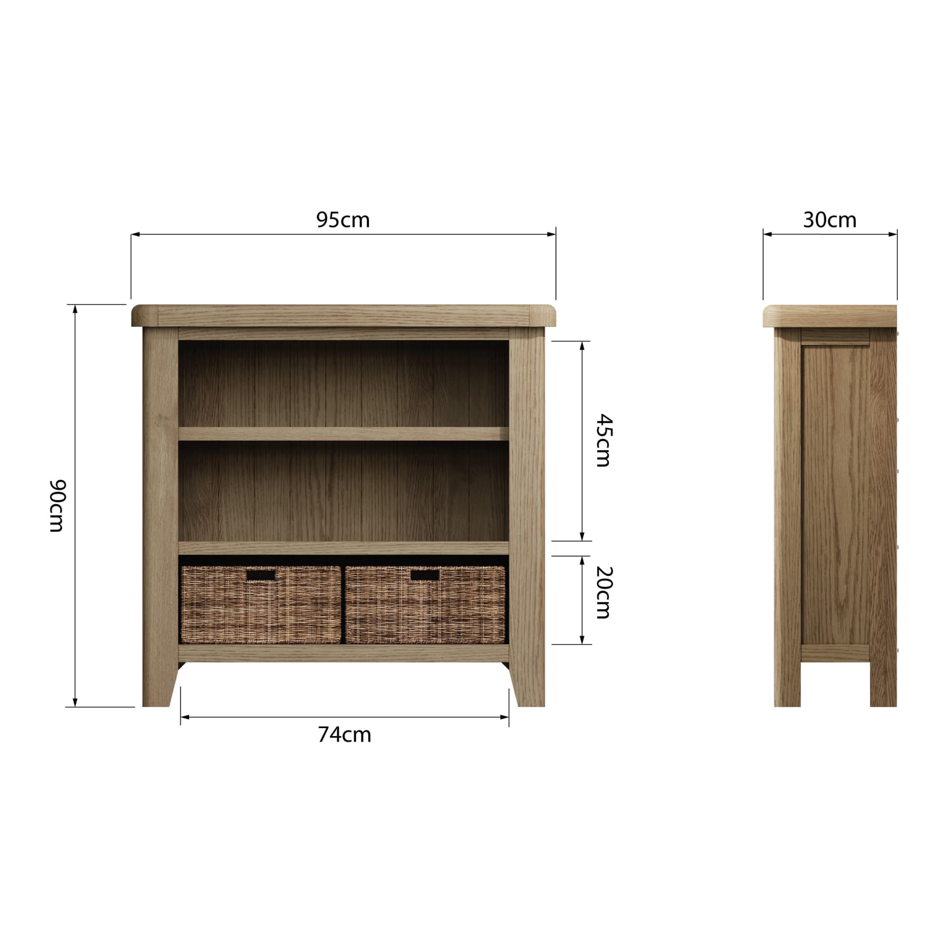 Low oak bookcase is shown from two sides with dimension details