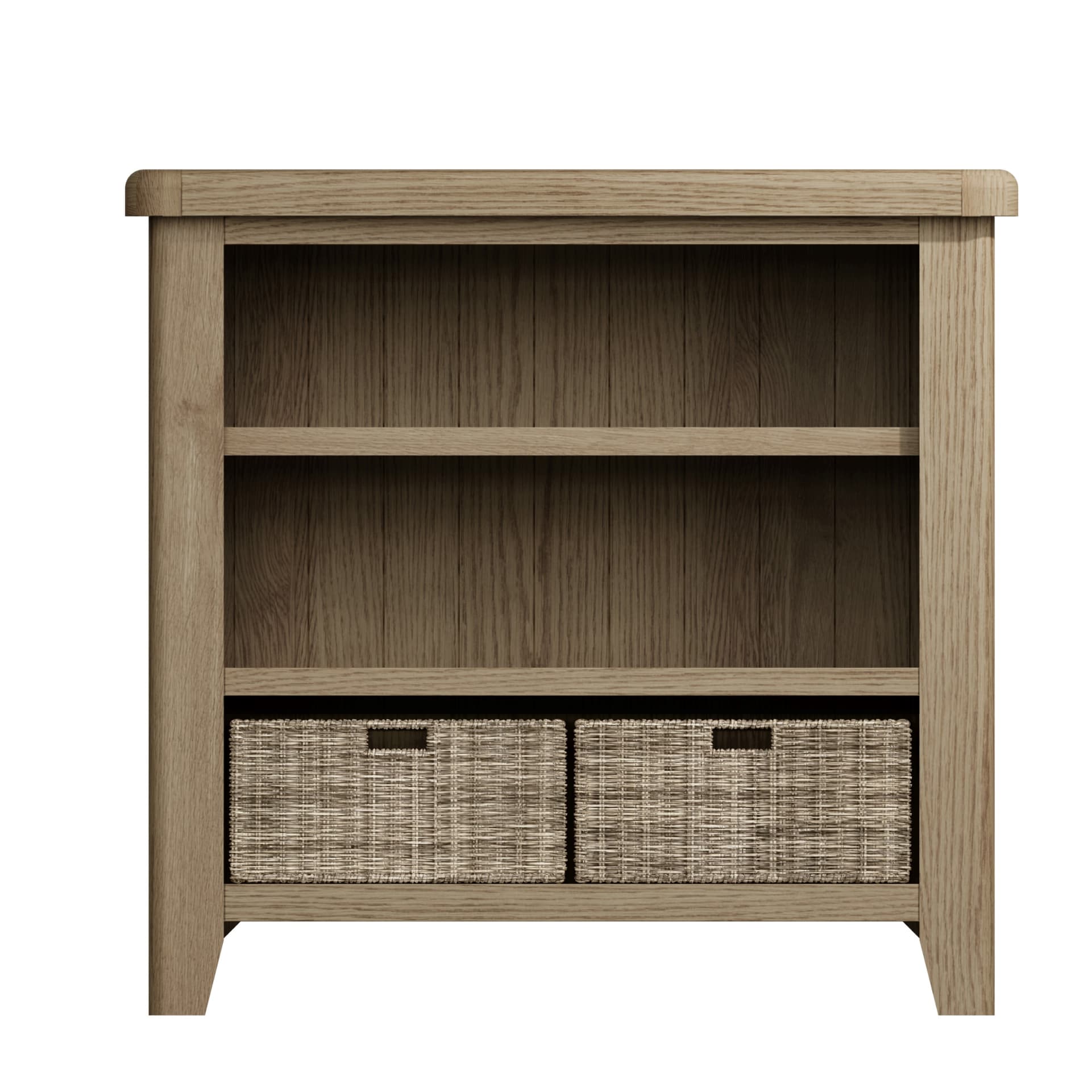 View from the front on the low oak bookcase with wicker baskets