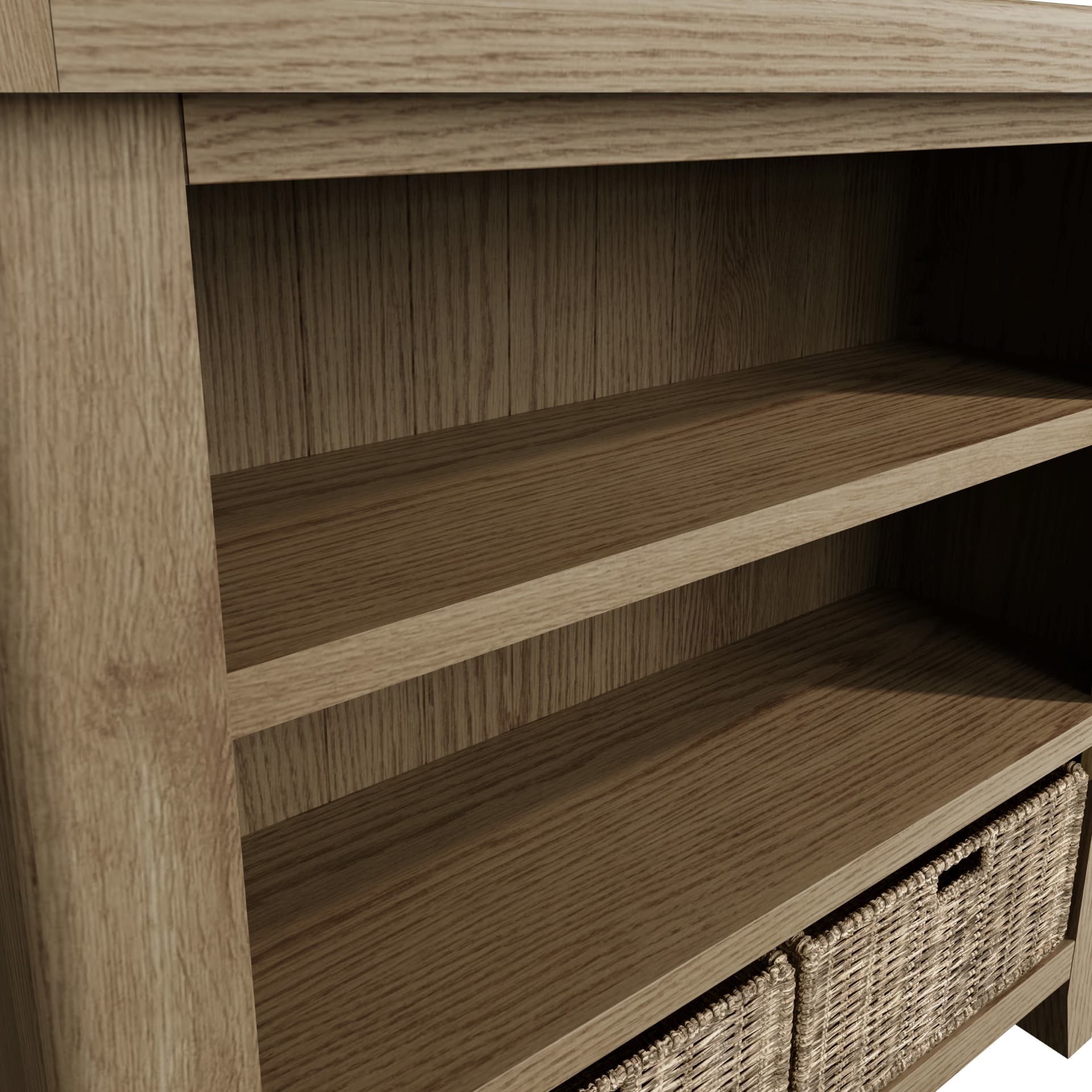 Close view on the low oak bookcase shelves