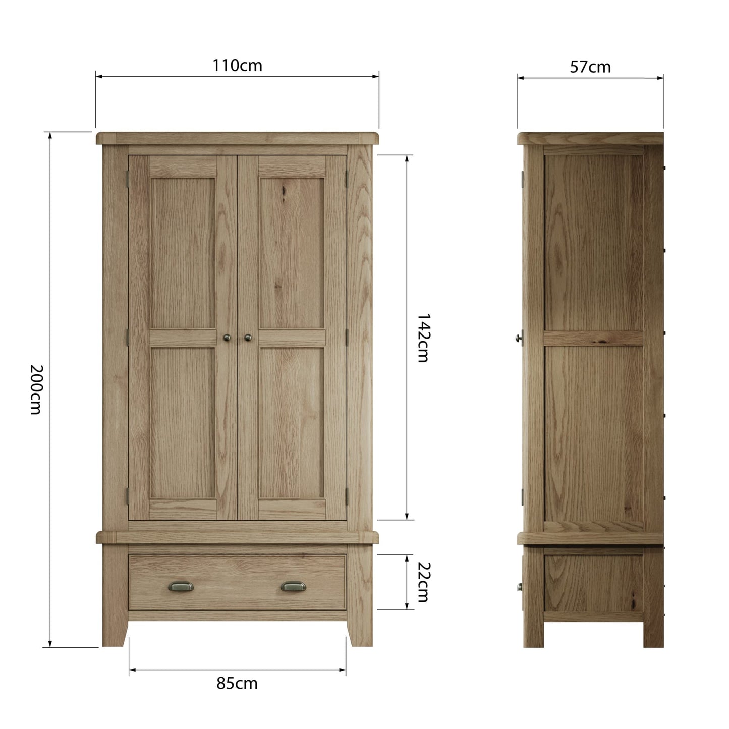 2 Door 1 Drawer wardrobe is shown from 2 sides with dimension details