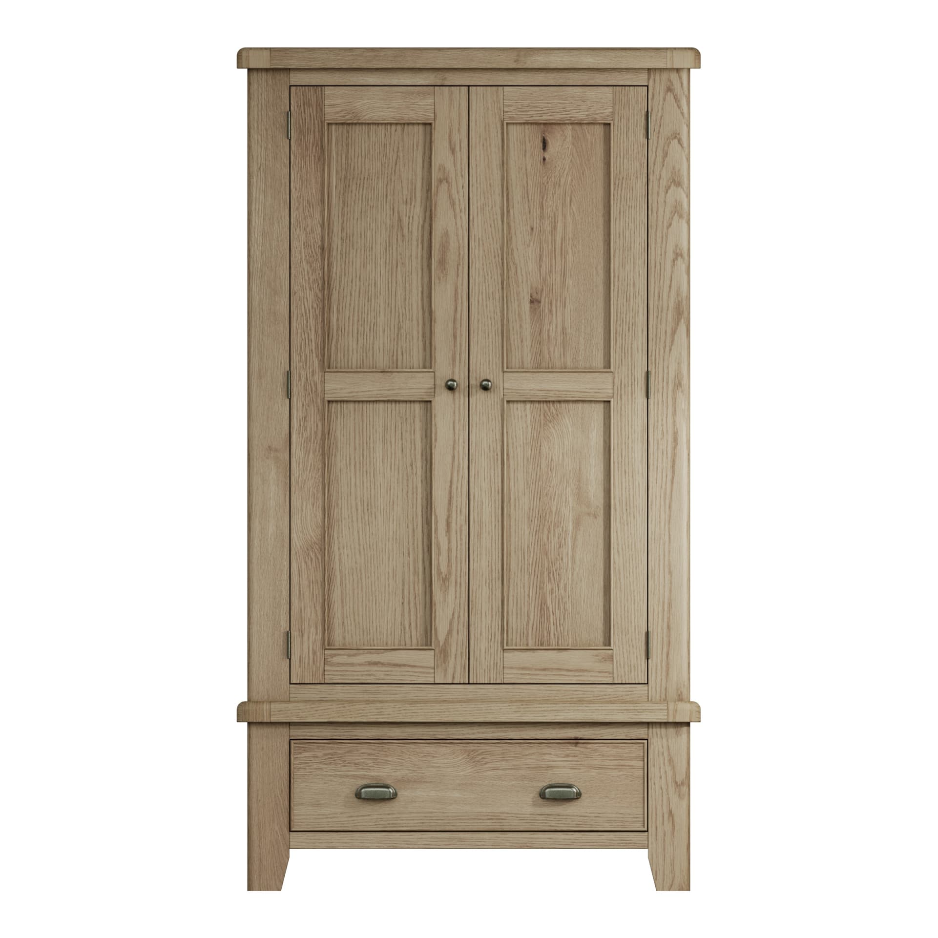 Front view on the 2 door 1 drawer oak wardrobe