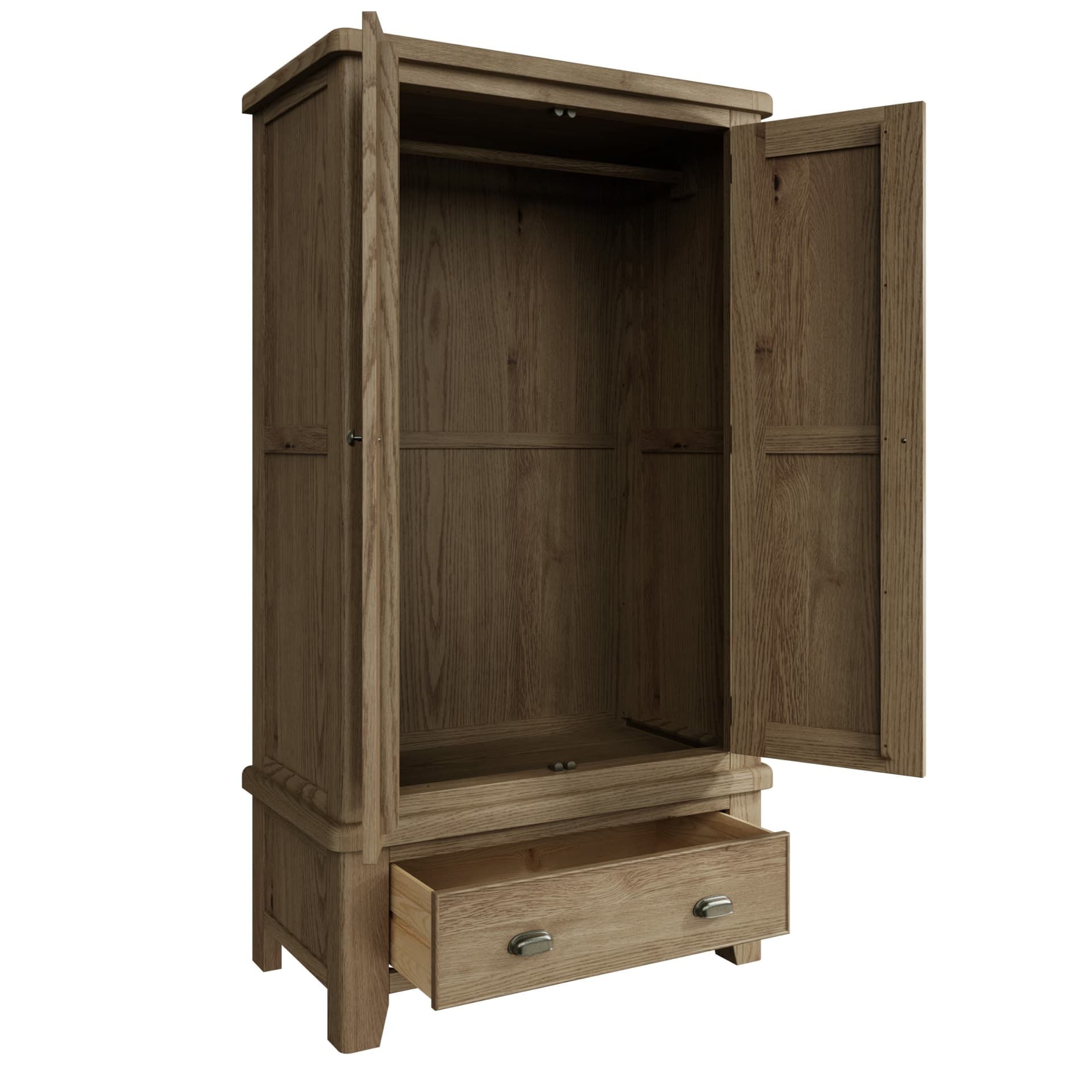 Oak 2 door 1 drawer wardrobe is shown open revealing storage inside and hanging area