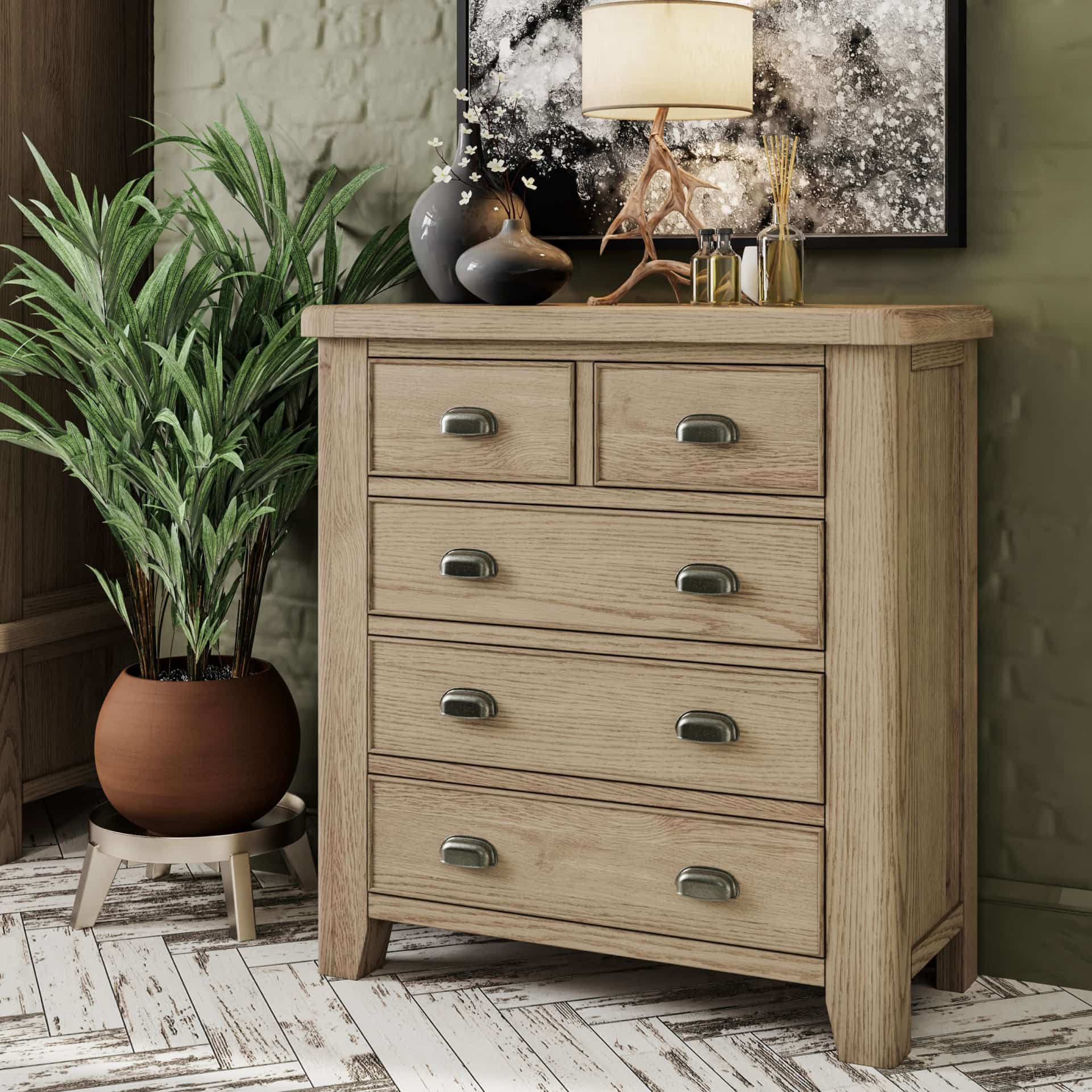 Oak 2 over 3 chest of drawers is shown in a room setting with decor on top