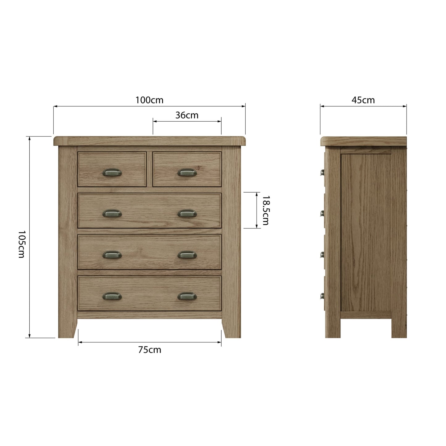 Dimension details of the oak 2 over 3 drawers chest shown from two sides