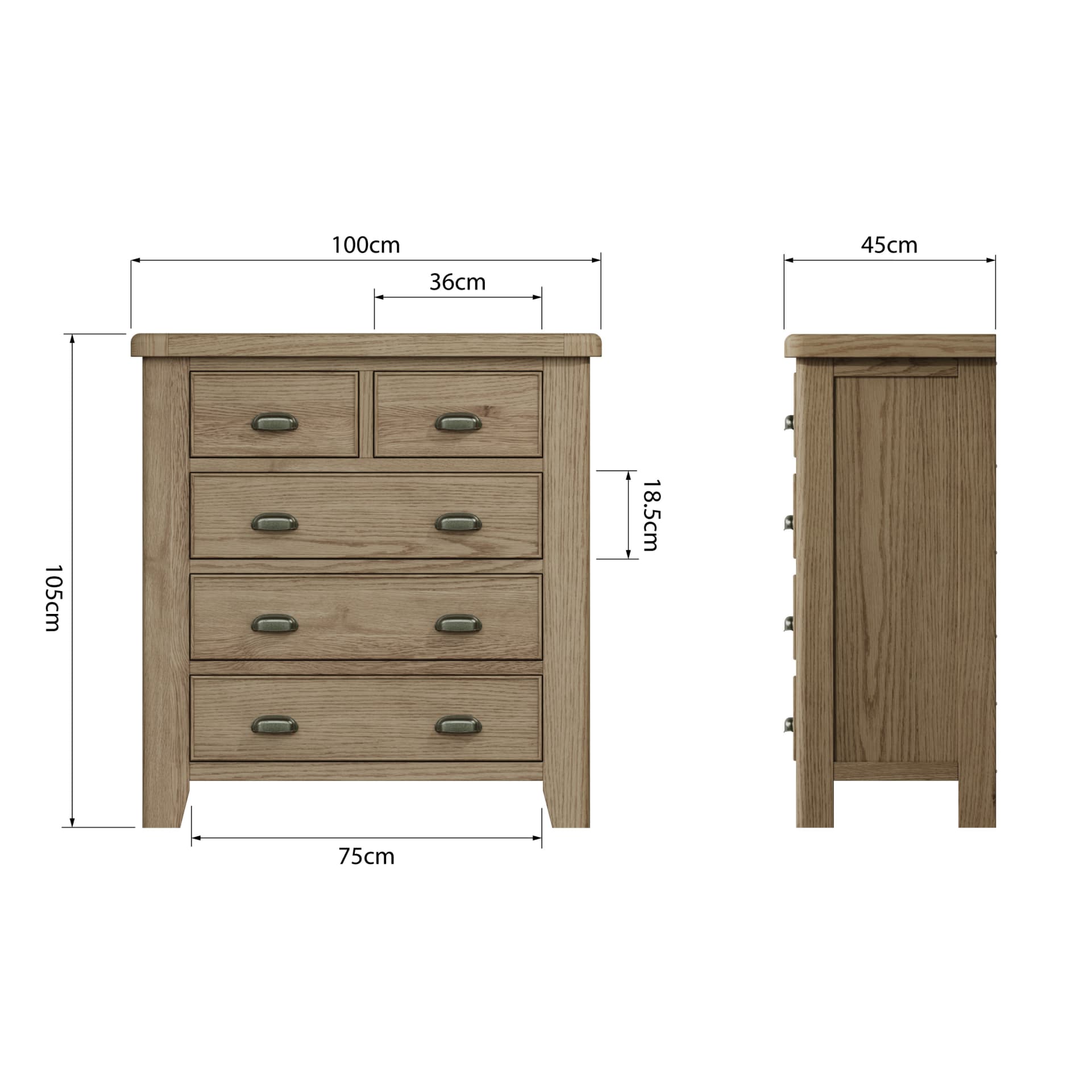 Dimension details of the oak 2 over 3 drawers chest shown from two sides