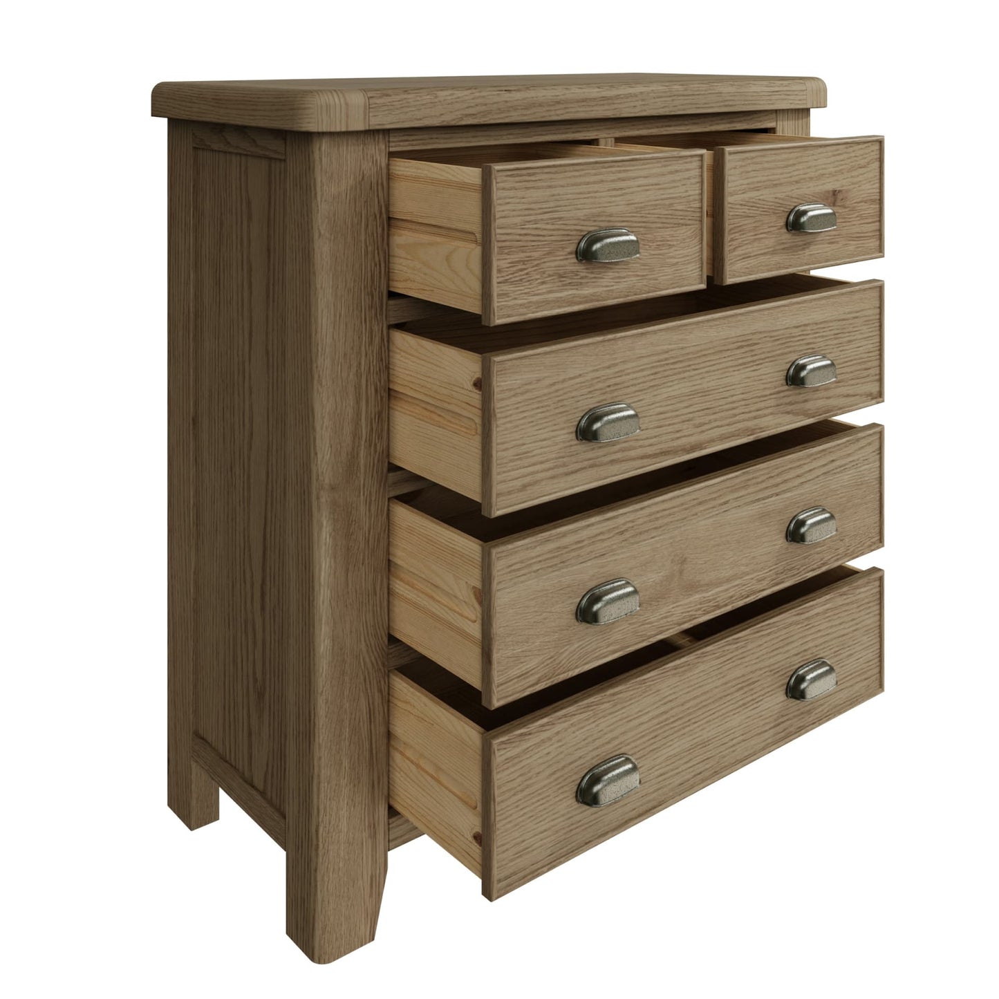 View on the open 5 drawer chest with details of dovetailed drawers and slider mechanism