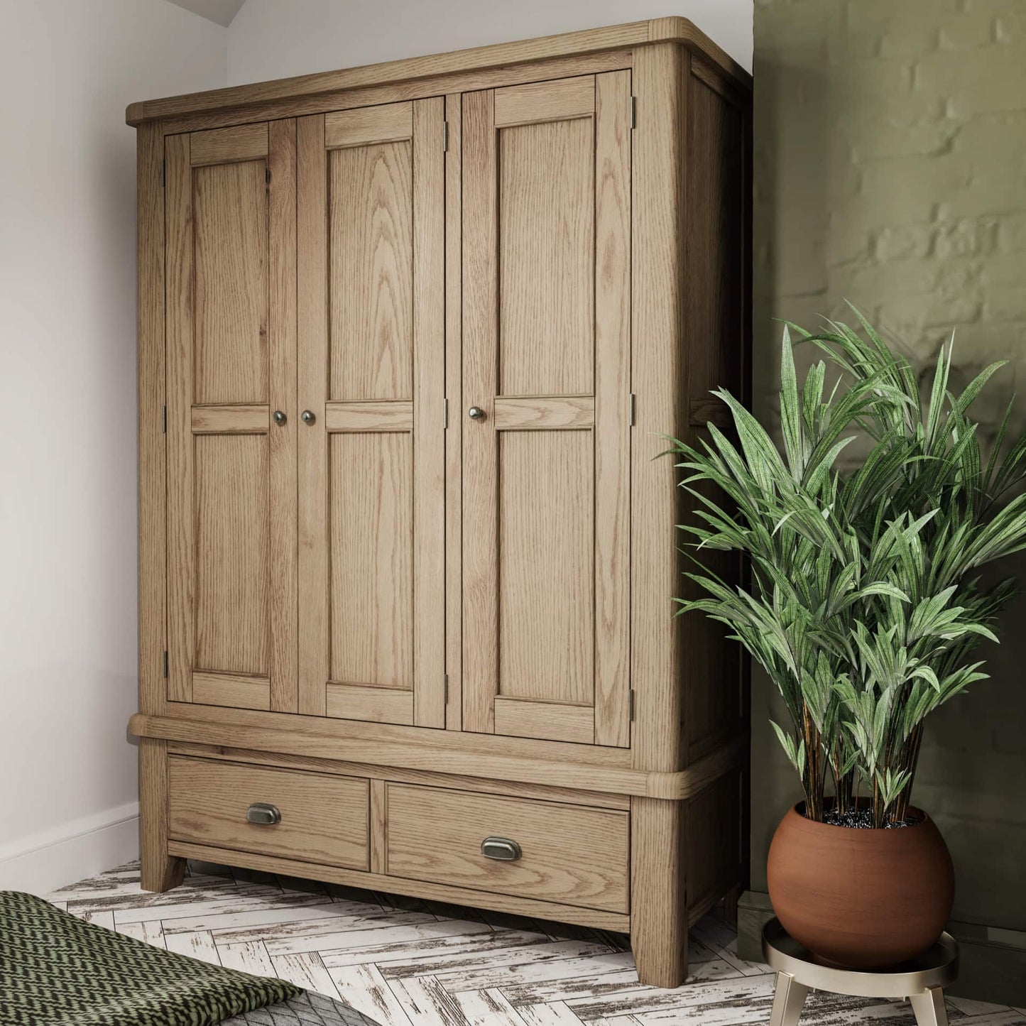 Oak 3 Door 2 Drawer Wardrobe shown in a room setting