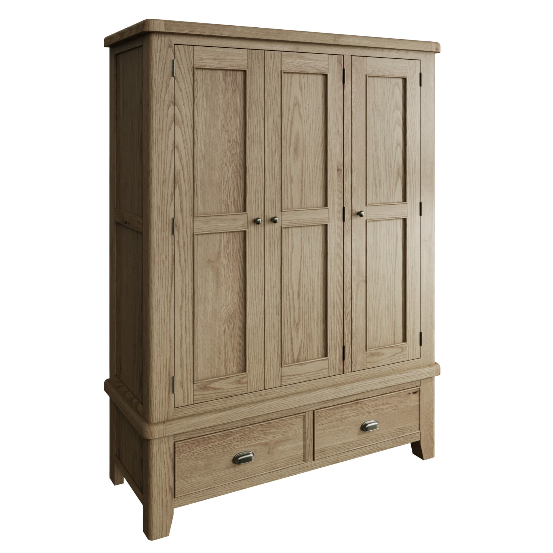 Oak triple wardrobe with 2 drawers is shown separately without distractions