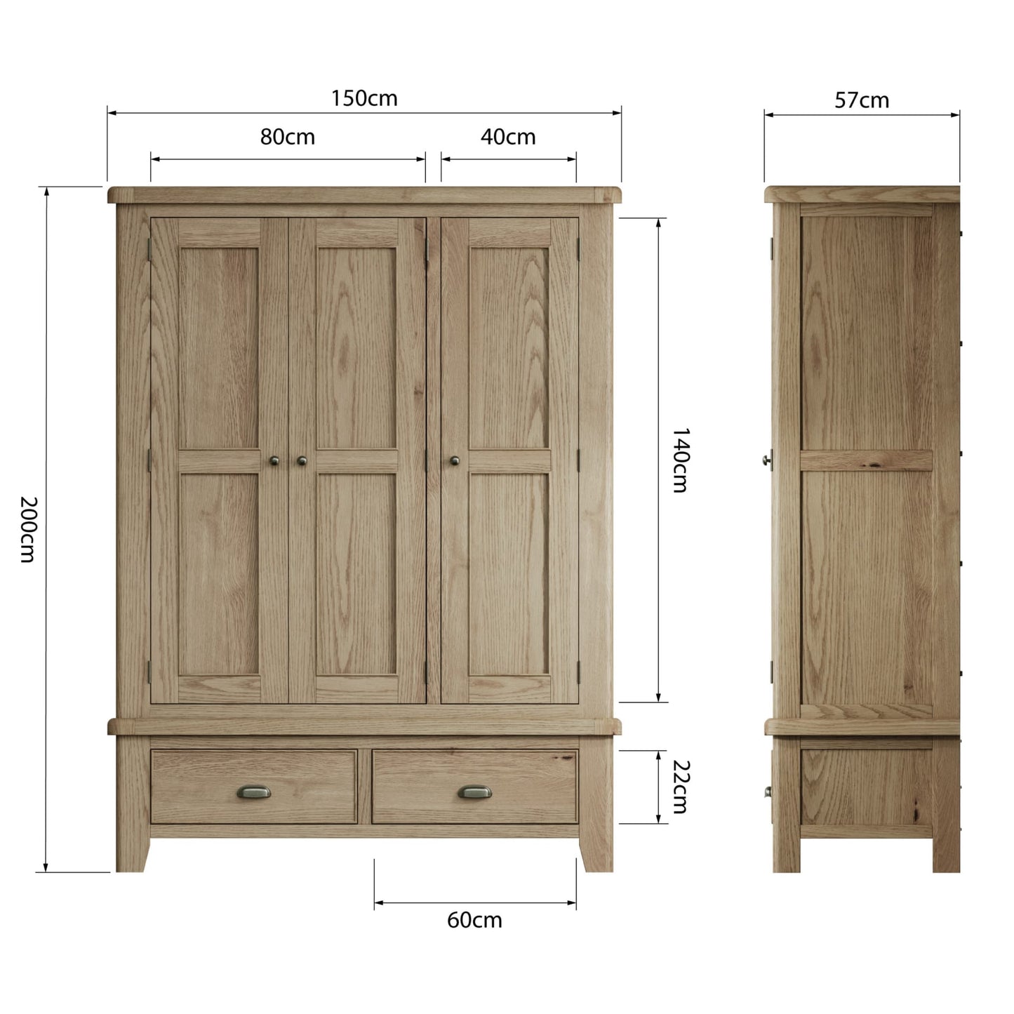 3 Door 2 Drawer wardrobe is shown from 2 sides with dimension details