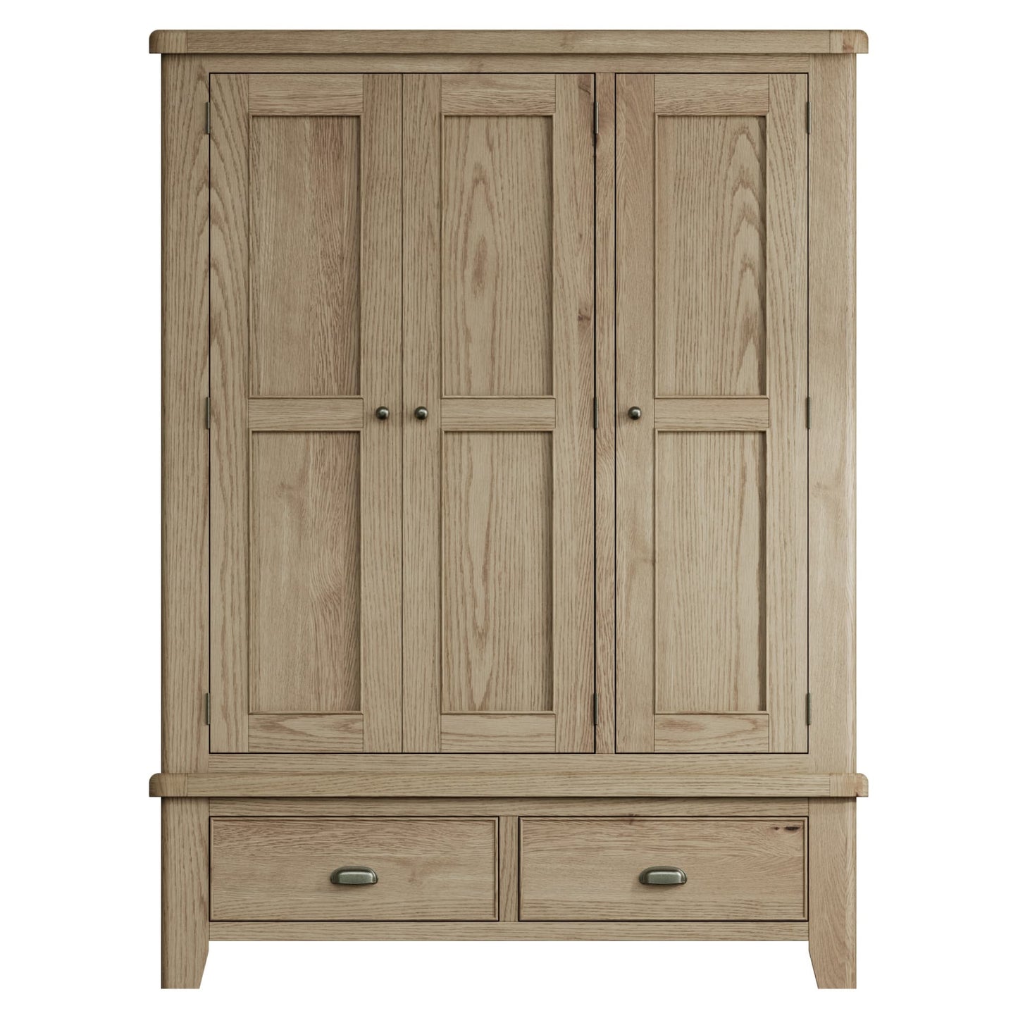 Front view on the triple oak wardrobe with 2 drawers