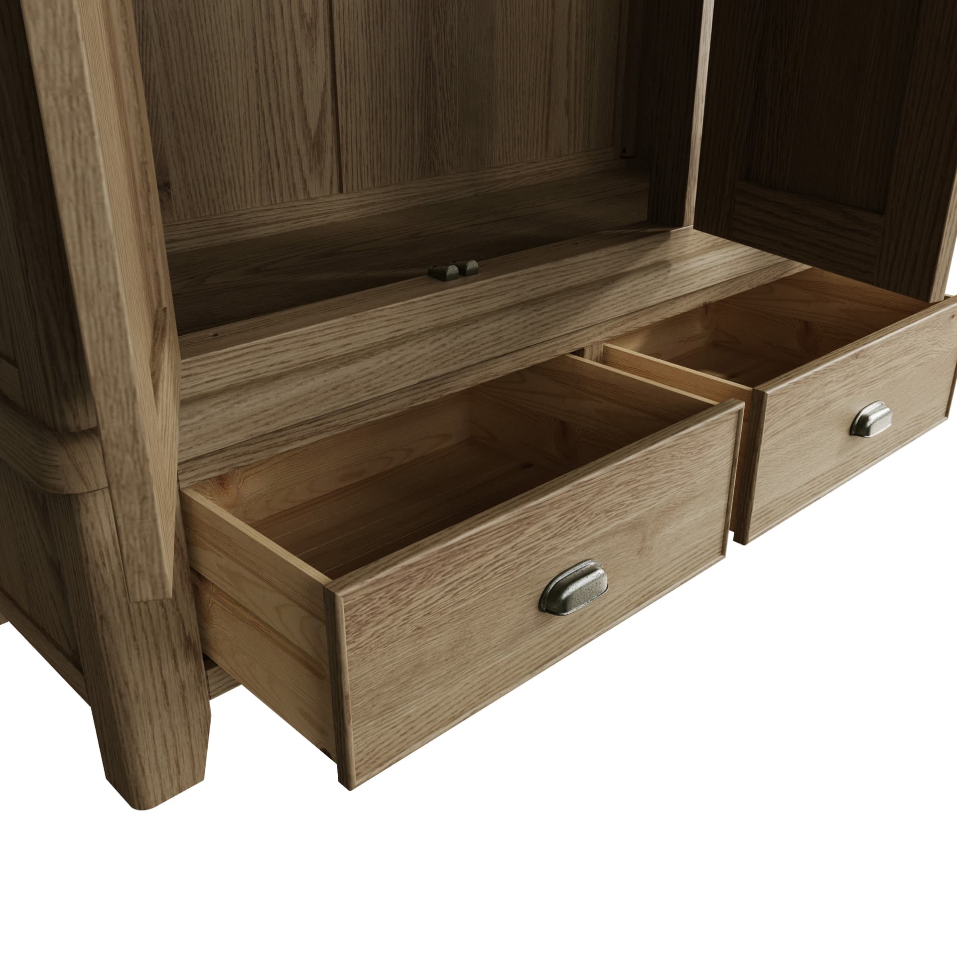 Close view on the open drawers with cup handles and lower shelf of 3 door wardrobe