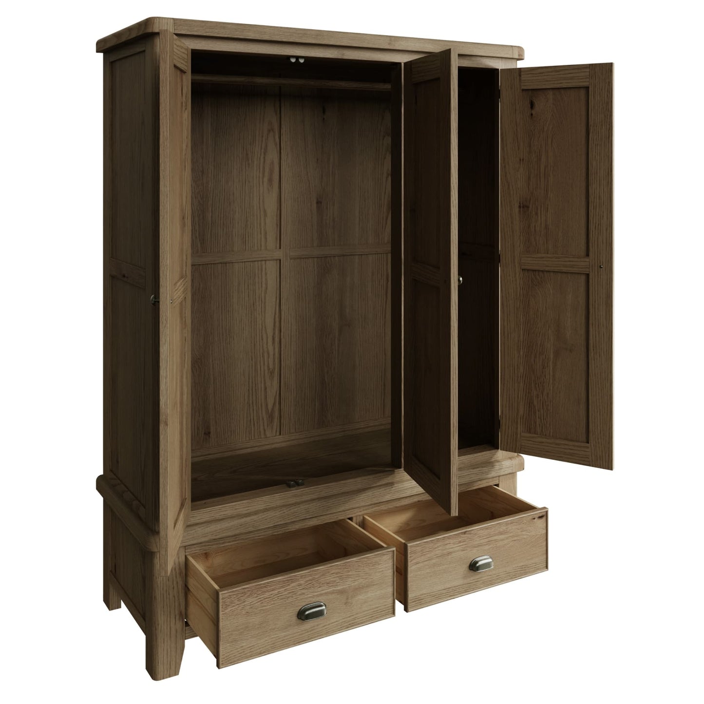 Oak 3 door 2 drawer wardrobe is shown open revealing storage inside and hanging areas