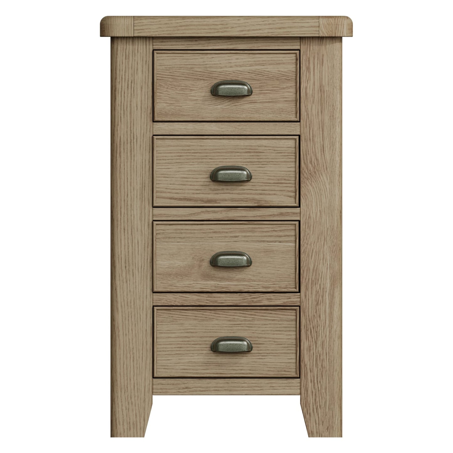 Front view of the 4 drawer narrow oak chest