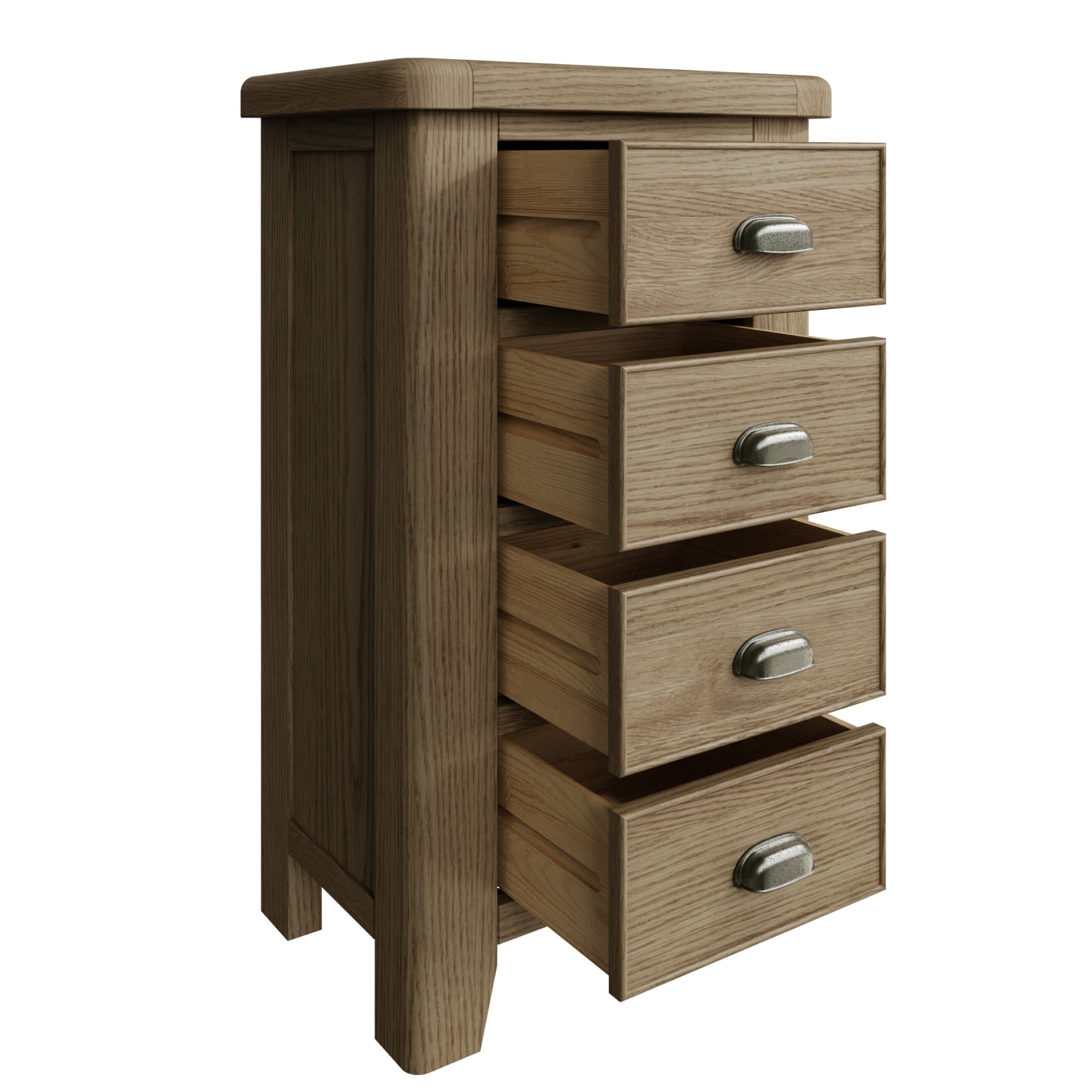 View on the open 4 drawer chest with details of dovetailed drawers and slider mechanism