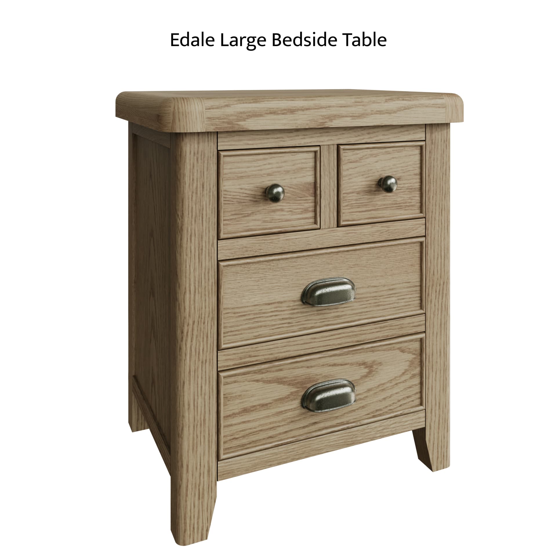 Large oak bedside cabinet with 4 drawers is shown separately without distractions