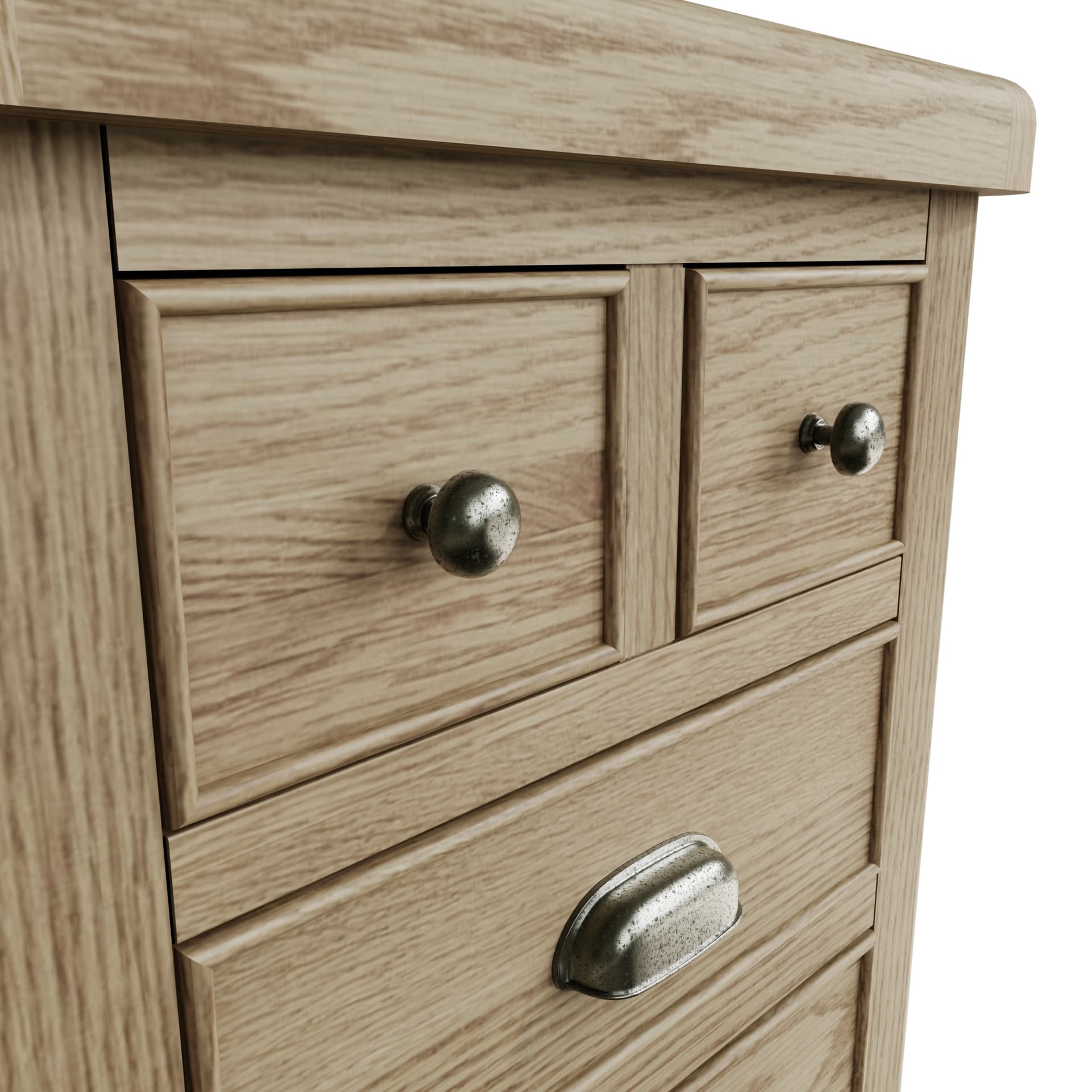 Close view on the drawers cup and knob handles with antique effect