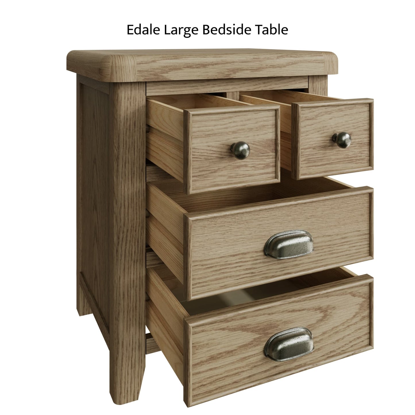 Large wooden bedside cabinet is shown with 4 drawers open revealing dovetailed design and slider mechanism