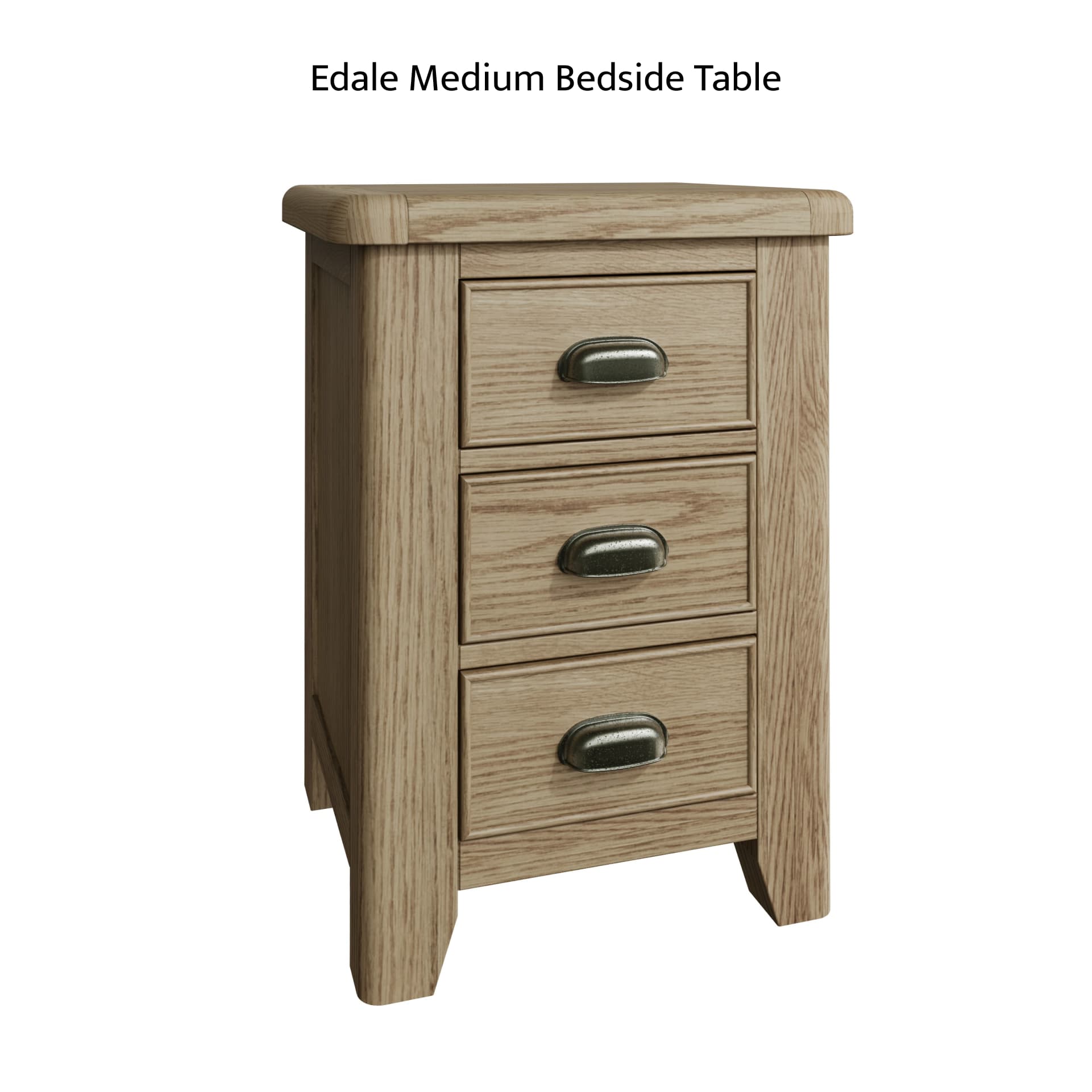 Medium oak bedside cabinet with 3 drawers is shown separately without distractions