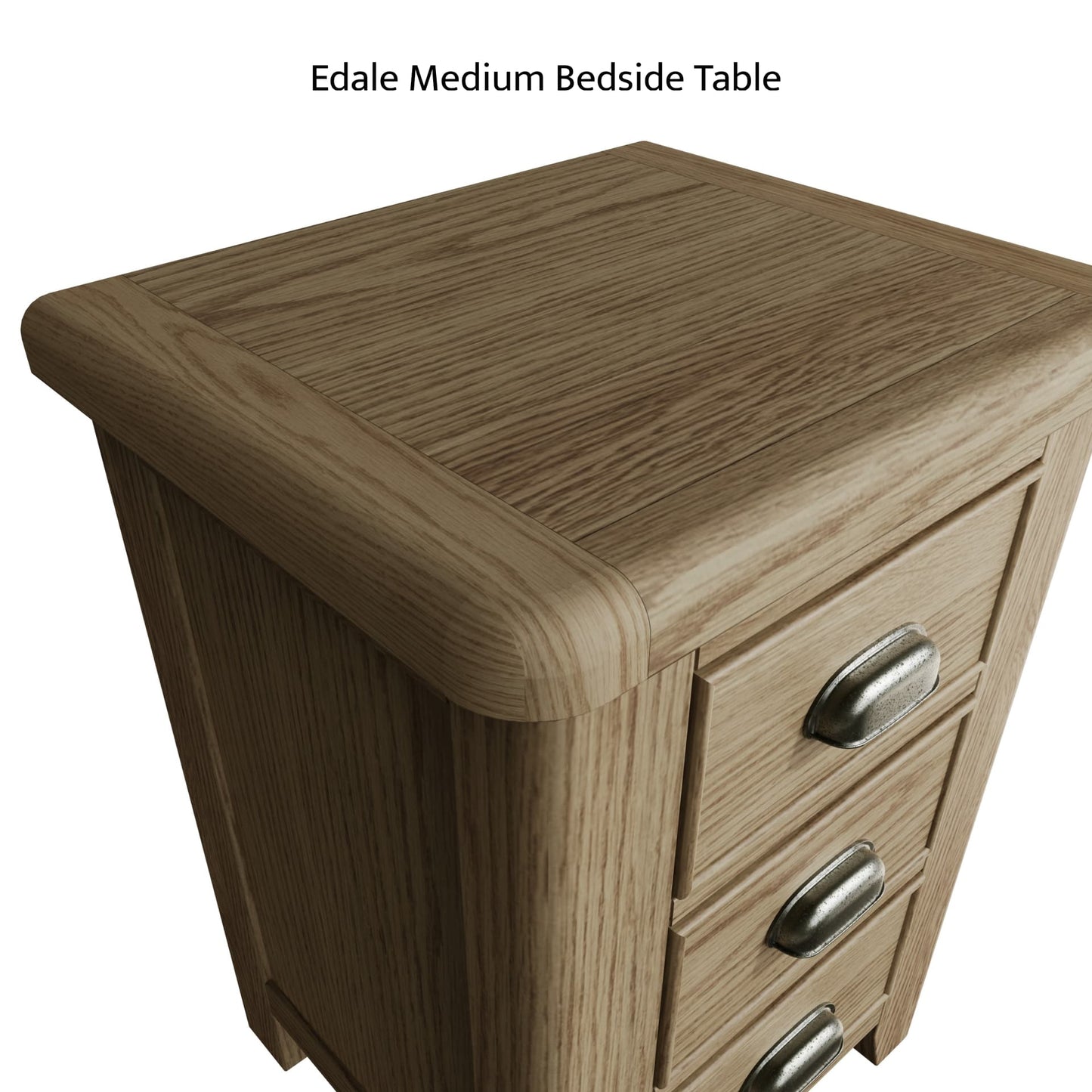 Close view on rounded edges and corners and finishes of the medium wooden bedside table