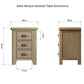 Medium oak bedside table is shown from 2 sides with dimension details